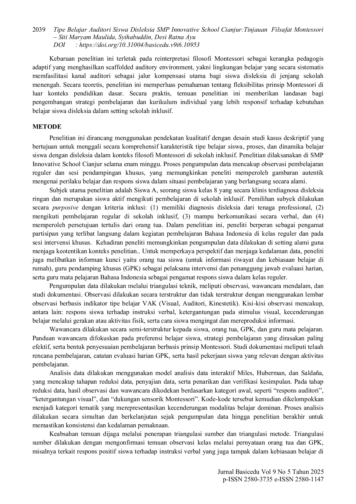 JURIS Tipe Belajar Auditori Siswa Disleksia SMP Innovative School Cianjur Tinjauan Filsafat Montessori