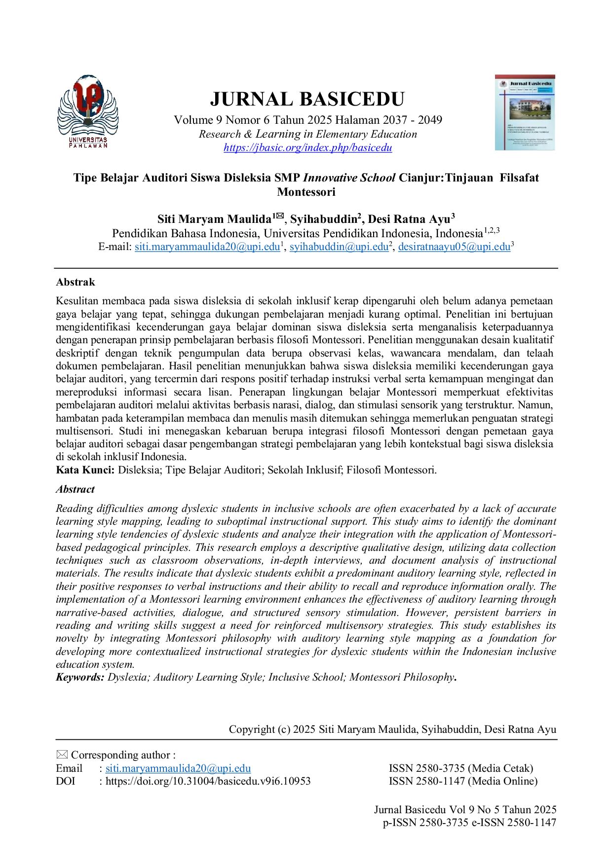 JURIS Tipe Belajar Auditori Siswa Disleksia SMP Innovative School Cianjur Tinjauan Filsafat Montessori