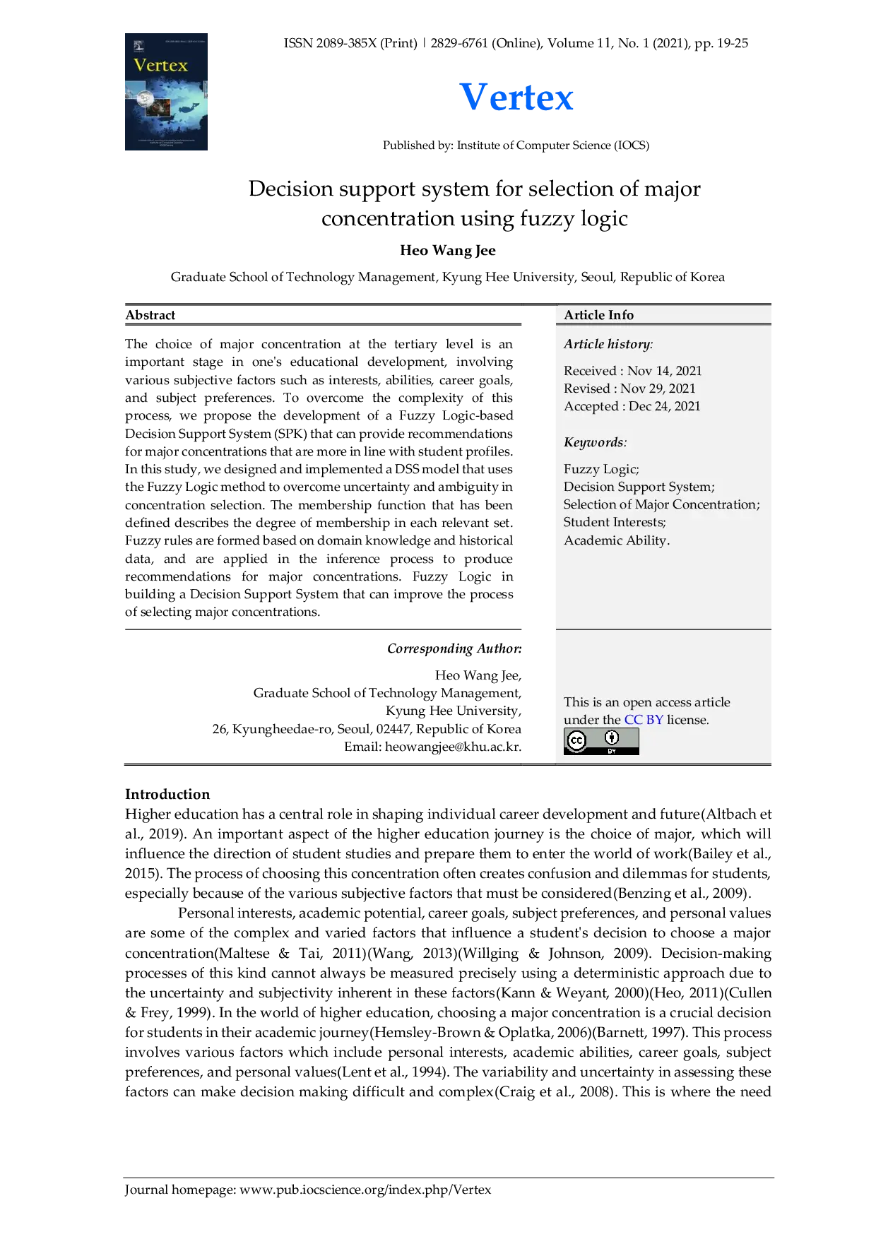 JURIS Decision support system for selection of major concentration using fuzzy logic