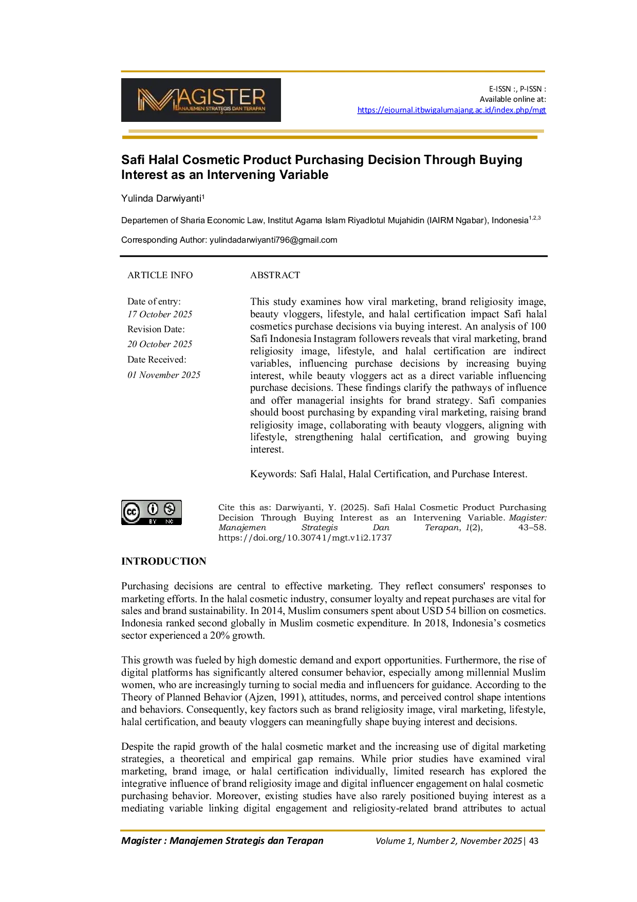 JURIS Safi Halal Cosmetic Product Purchasing Decision Through Buying Interest as an Intervening Variable