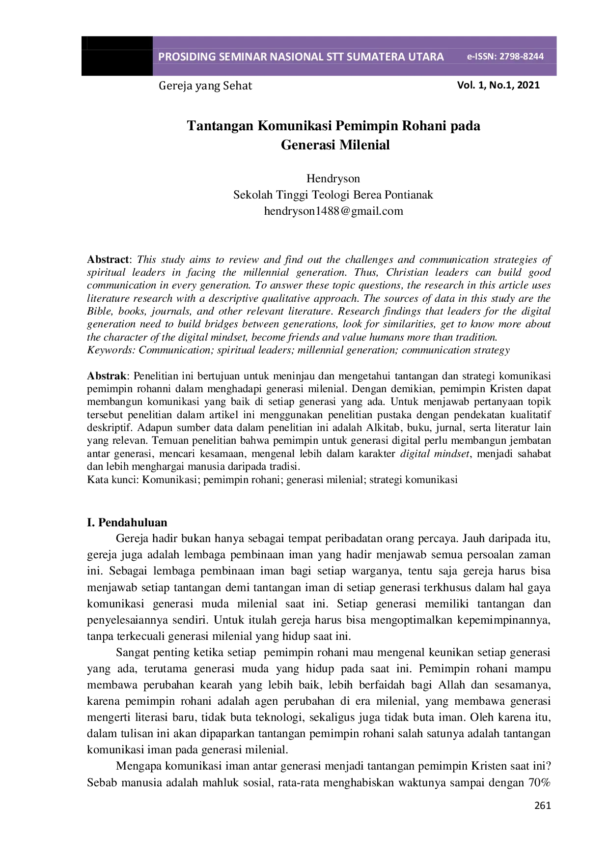 JURIS Tantangan Komunikasi Pemimpin Rohani pada Generasi Milenial