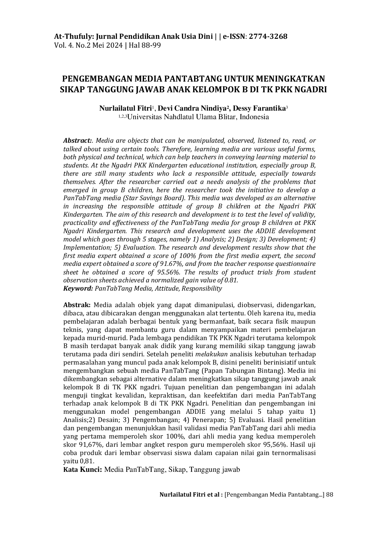 JURIS Pengembangan Media Pantabtang Untuk Meningkatkan Sikap Tanggung Jawab Anak Kelompok B Di TK PKK Ngadri