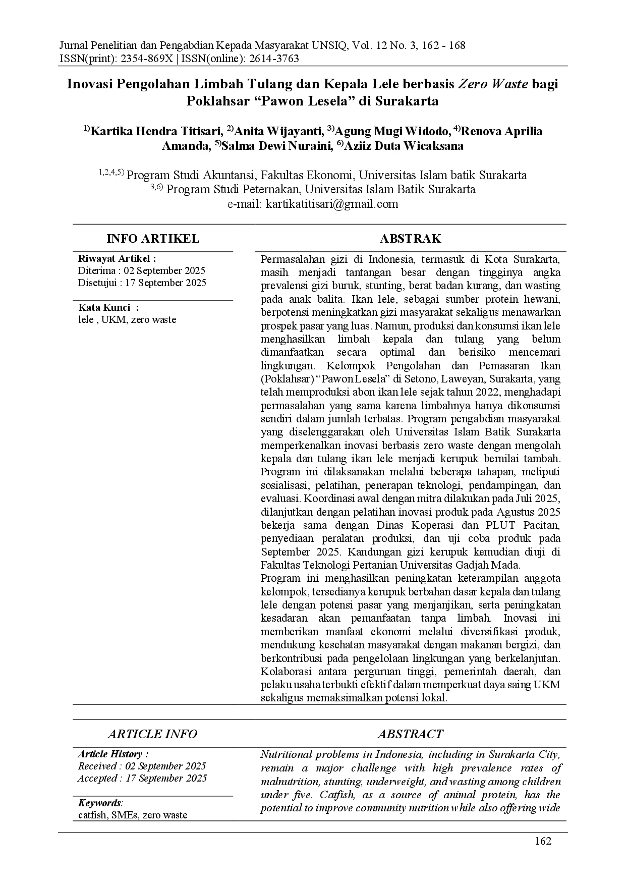 juris Inovasi Pengolahan Limbah Tulang dan Kepala Lele berbasis Zero Waste bagi Poklahsar Pawon Lesela di Surakarta