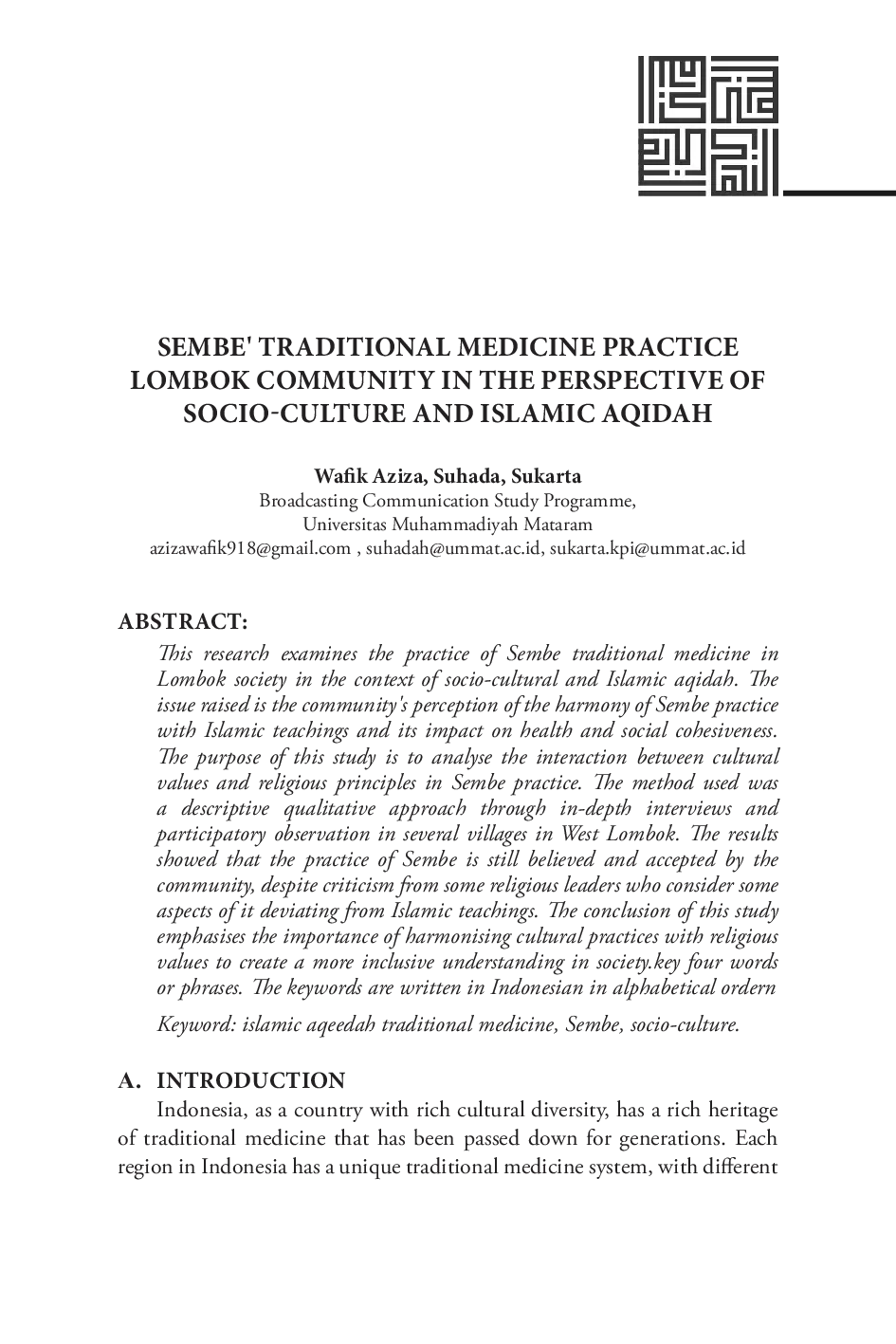 JURIS Sembe Traditional Medicine Practice Lombok Community in The Perspective of Socio Culture and Islamic Aqidah