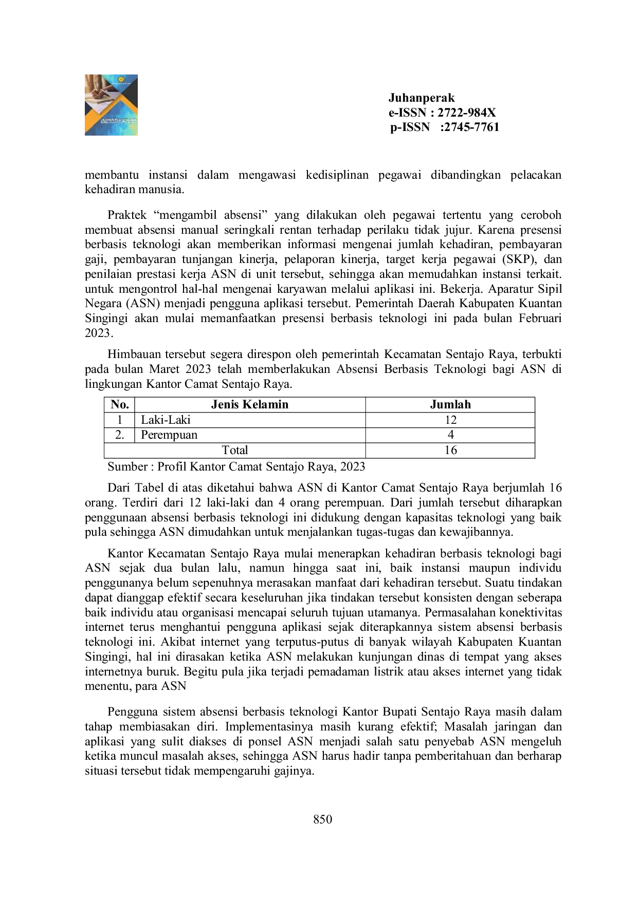 JURIS Efektivitas Penggunaan Absensi Berbasis Teknologi Bagi Aparatur Sipil Negara ASN di Kantor Camat Sentajo Raya Kabupaten Kuantan Singingi