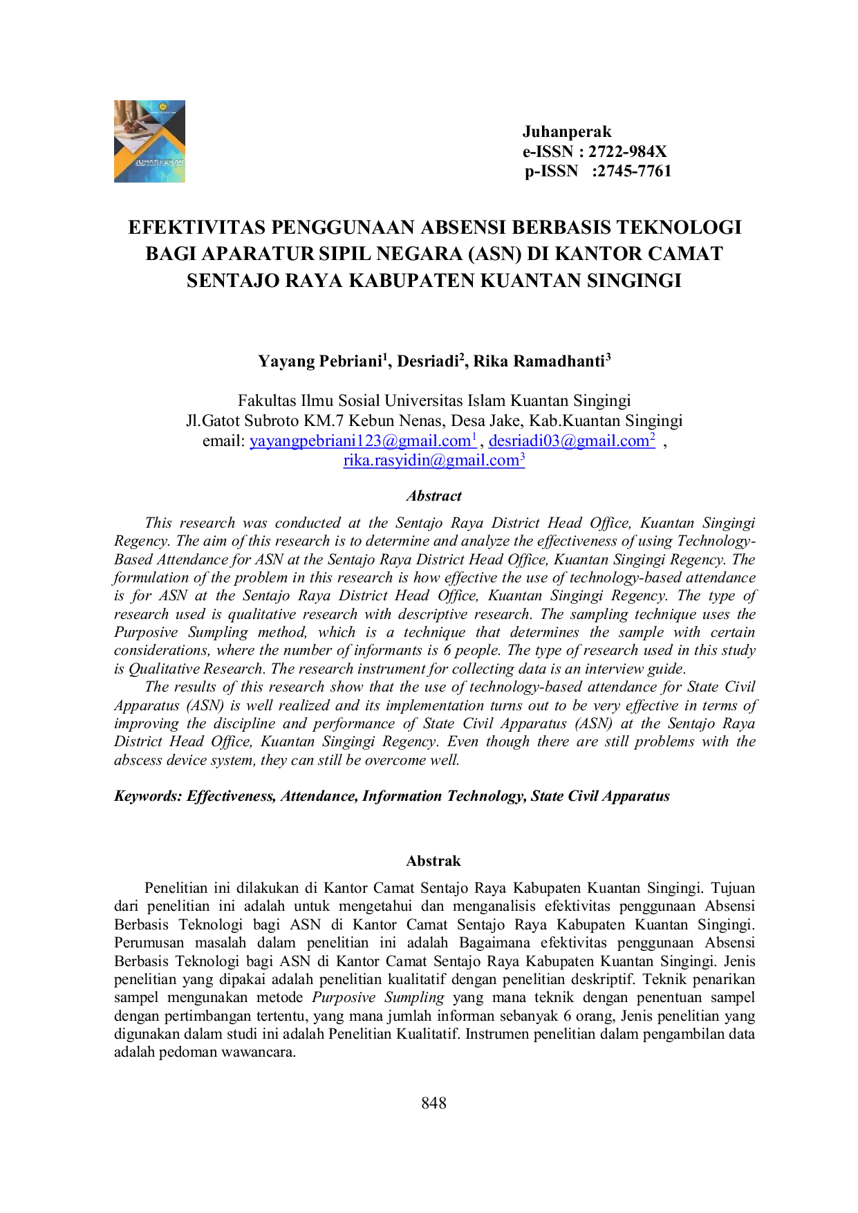 JURIS Efektivitas Penggunaan Absensi Berbasis Teknologi Bagi Aparatur Sipil Negara ASN di Kantor Camat Sentajo Raya Kabupaten Kuantan Singingi