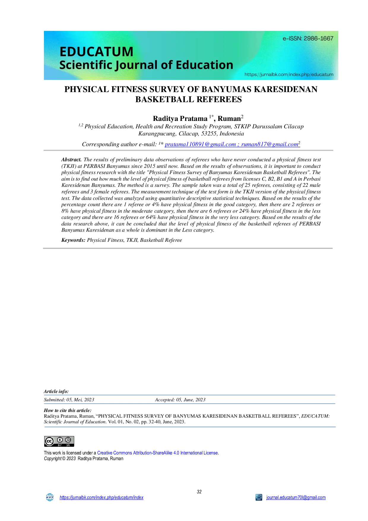 JURIS Survei Kebugaran Jasmani Wasit Bola Basket Karesidenan Banyumas