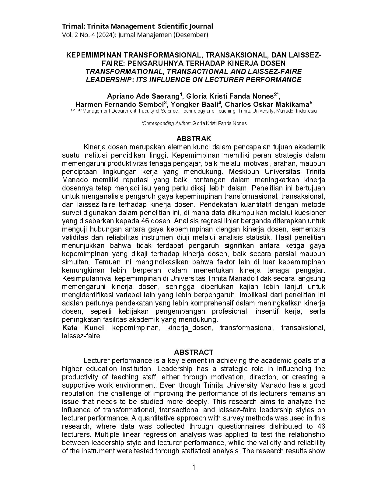 juris Kepemimpinan Transformasional Transaksional Dan Laissez faire Pengaruhnya Terhadap Kinerja Dosen