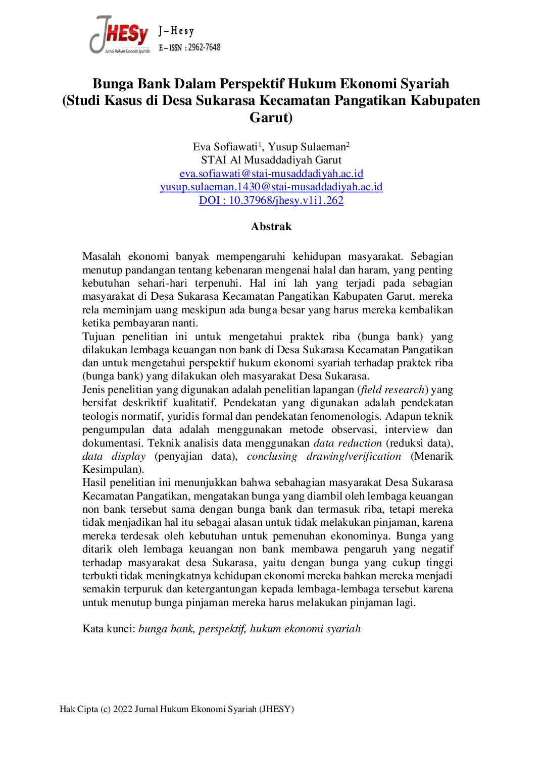 JURIS Bunga Bank Dalam Perspektif Hukum Ekonomi Syariah Studi Kasus di Desa Sukarasa Kecamatan Pangatikan Kabupaten Garut