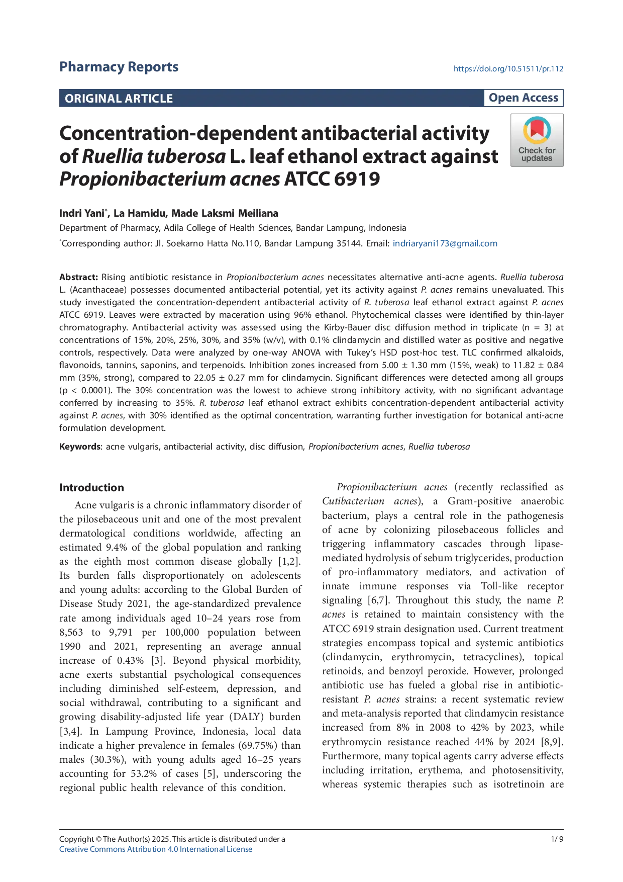 JURIS Concentration dependent antibacterial activity of Ruellia tuberosa L leaf ethanol extract against Propionibacterium acnes ATCC 6919