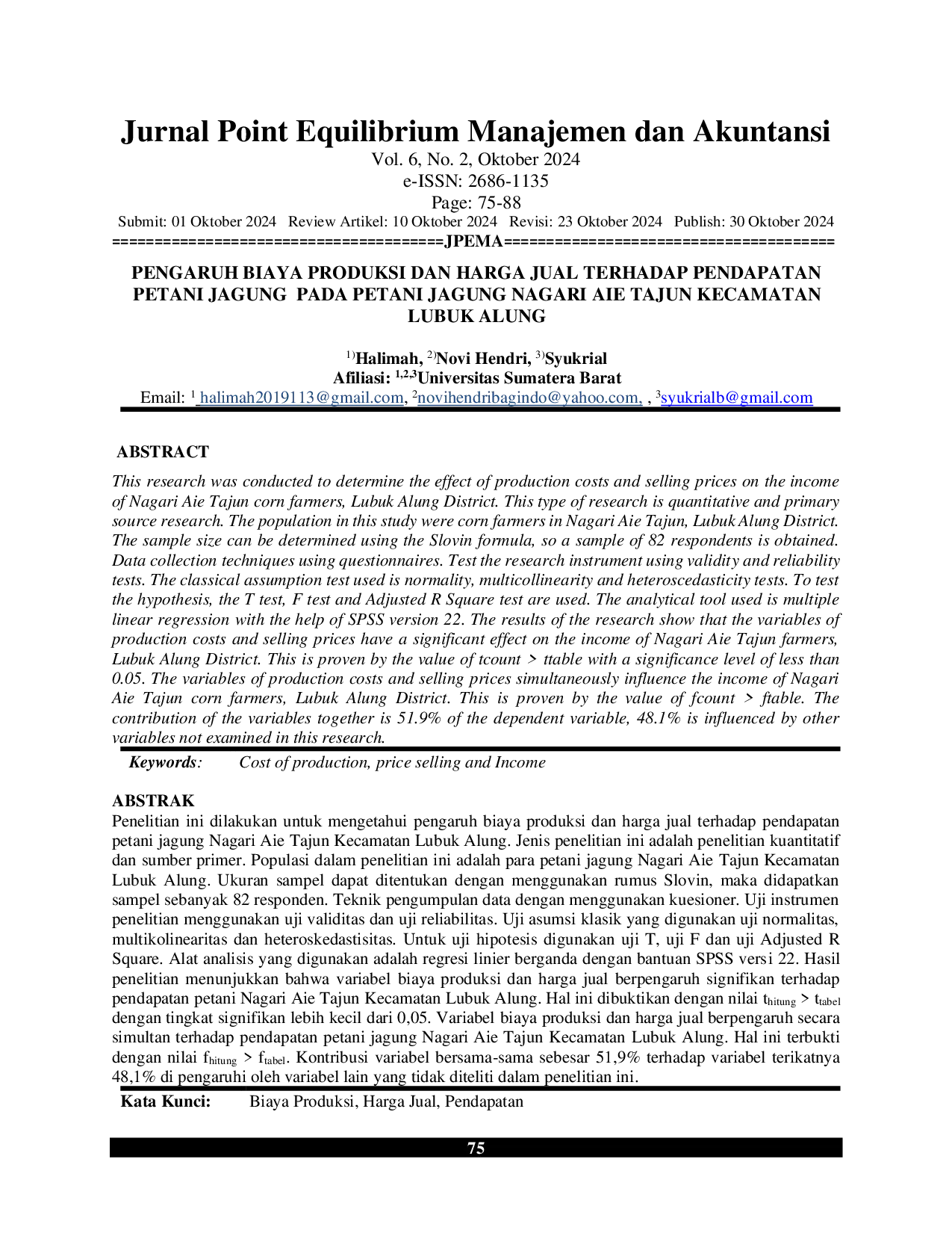 JURIS Pengaruh Biaya Produksi Dan Harga Jual Terhadap Pendapatan Petani Jagung Pada Petani Jagung Nagari Aie Tajun Kecamatan Lubuk Alung