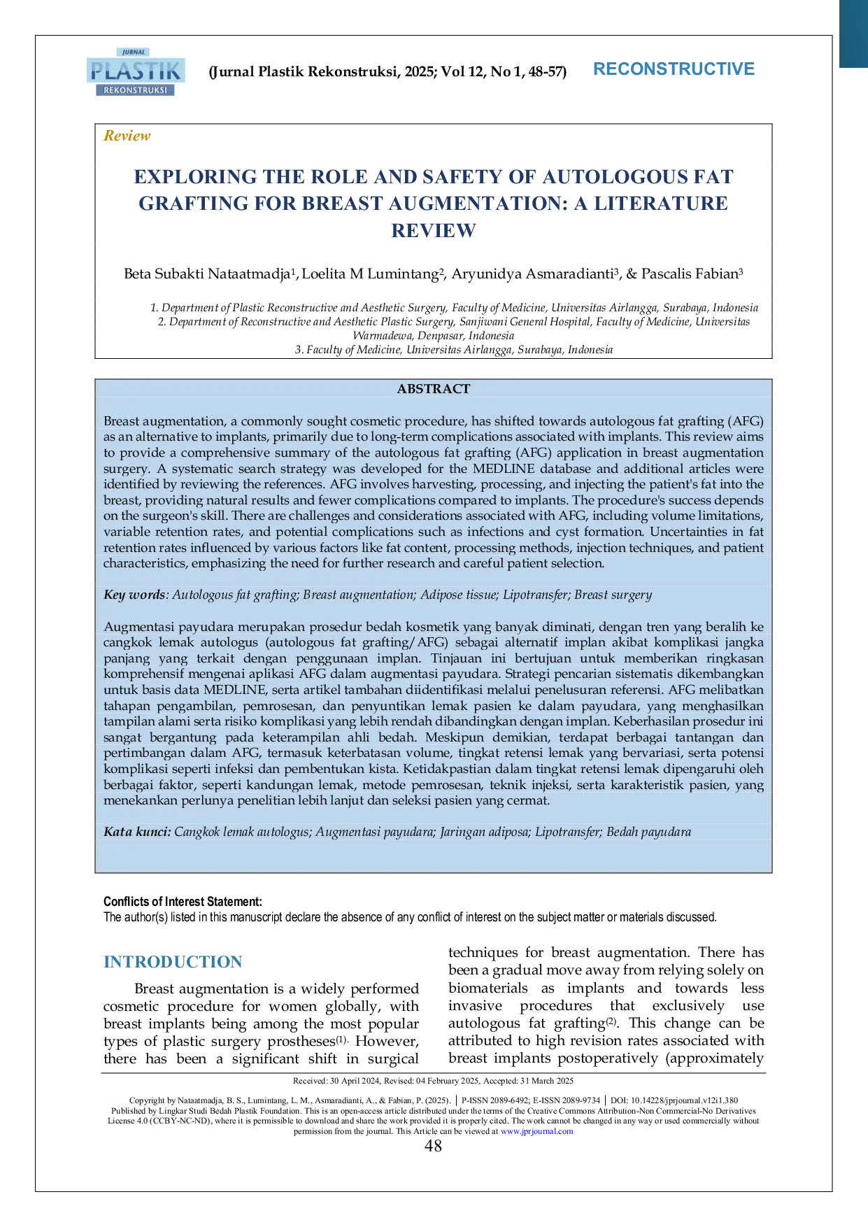 JURIS Exploring The Role and Safety of Autologous Fat Grafting for Breast Augmentation A Literature Review