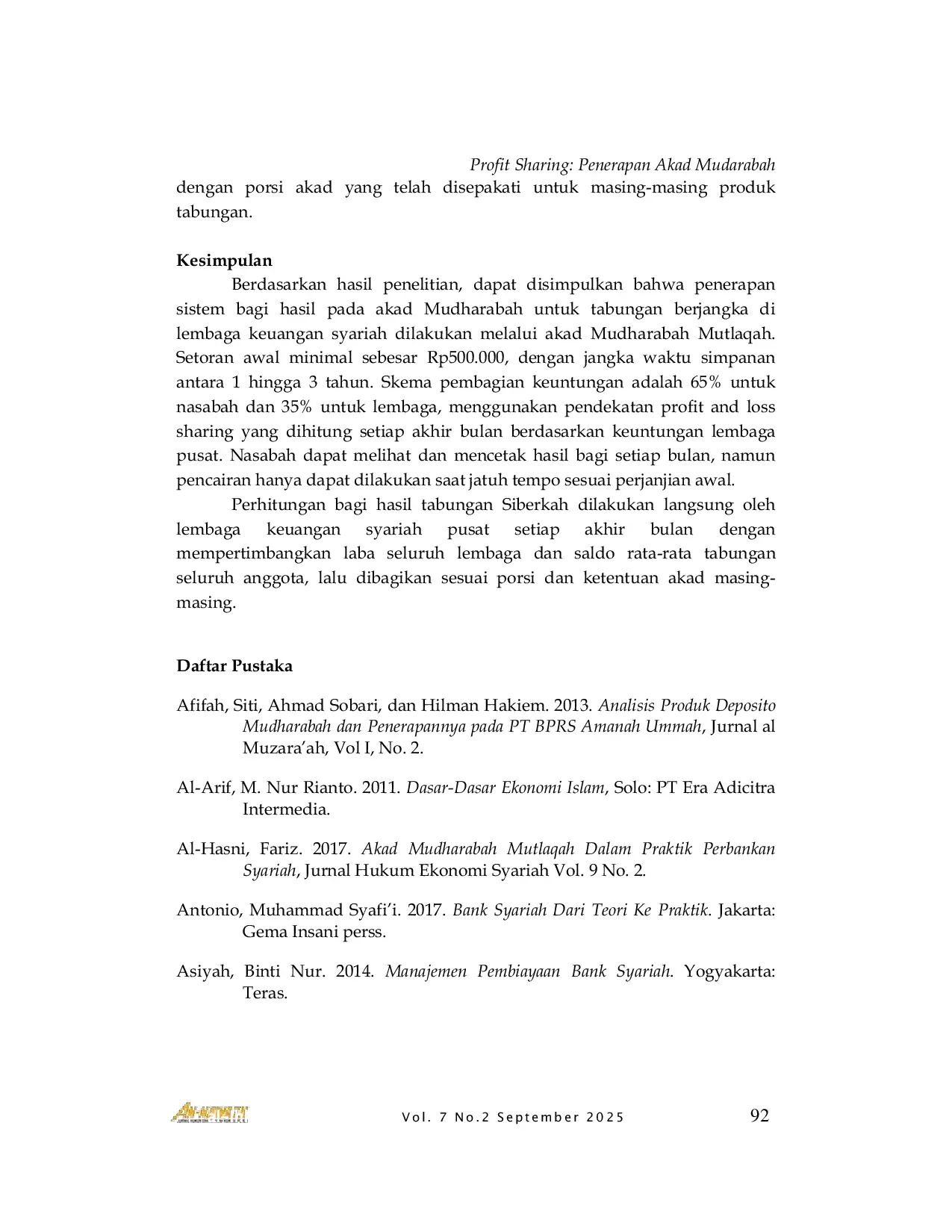 JURIS Profit Sharing Penerapan Akad Mudarabah Pada Simpanan Berjangka Deposito di Lembaga Keuangan Syariah