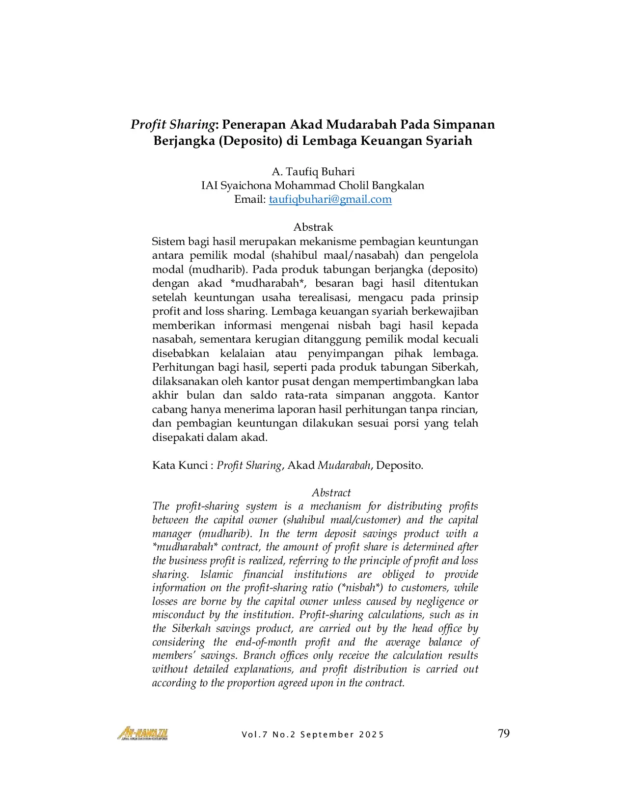 JURIS Profit Sharing Penerapan Akad Mudarabah Pada Simpanan Berjangka Deposito di Lembaga Keuangan Syariah