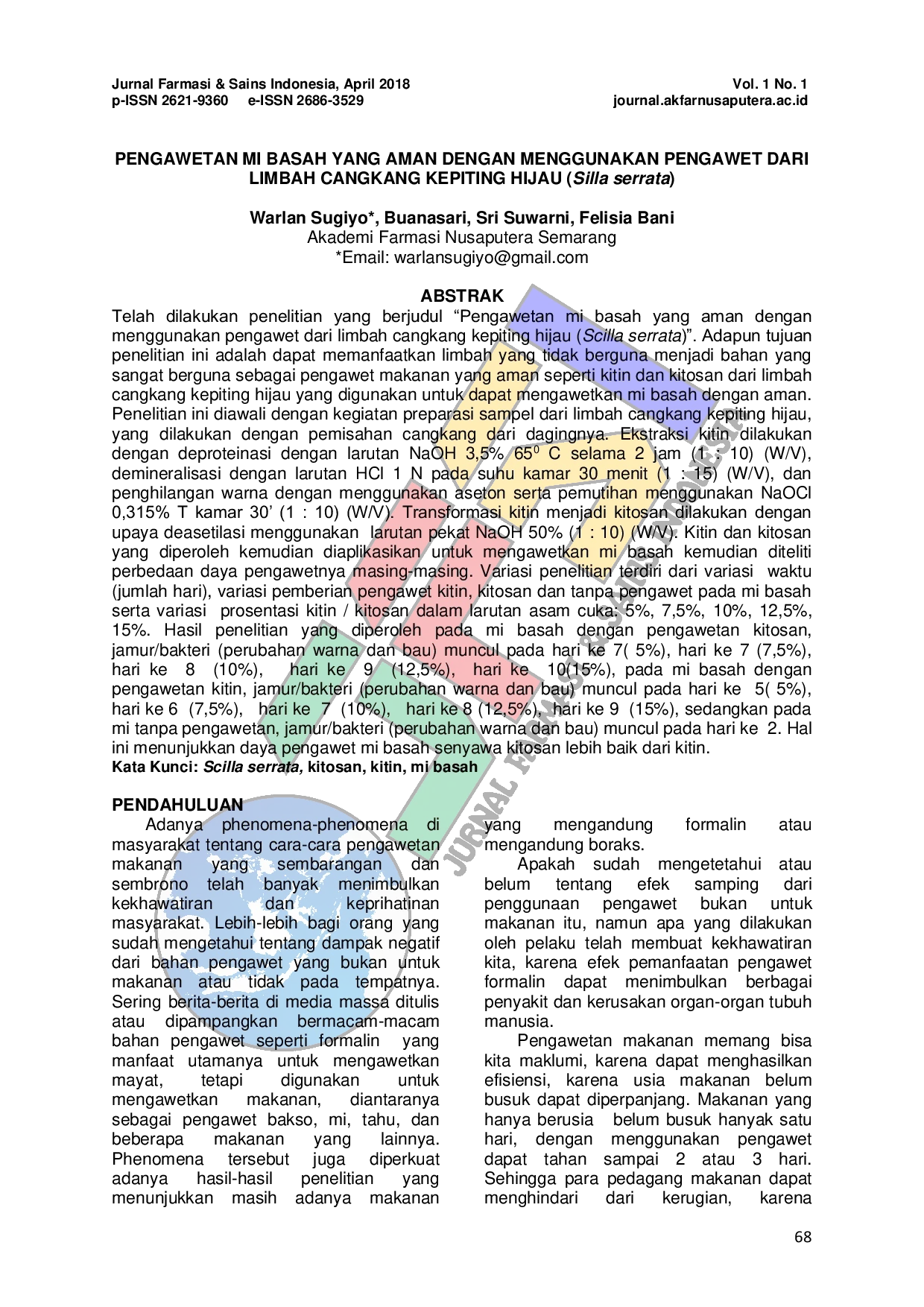 JURIS PENGAWETAN MI BASAH YANG AMAN DENGAN MENGGUNAKAN PENGAWET DARI LIMBAH CANGKANG KEPITING HIJAU Silla serrata