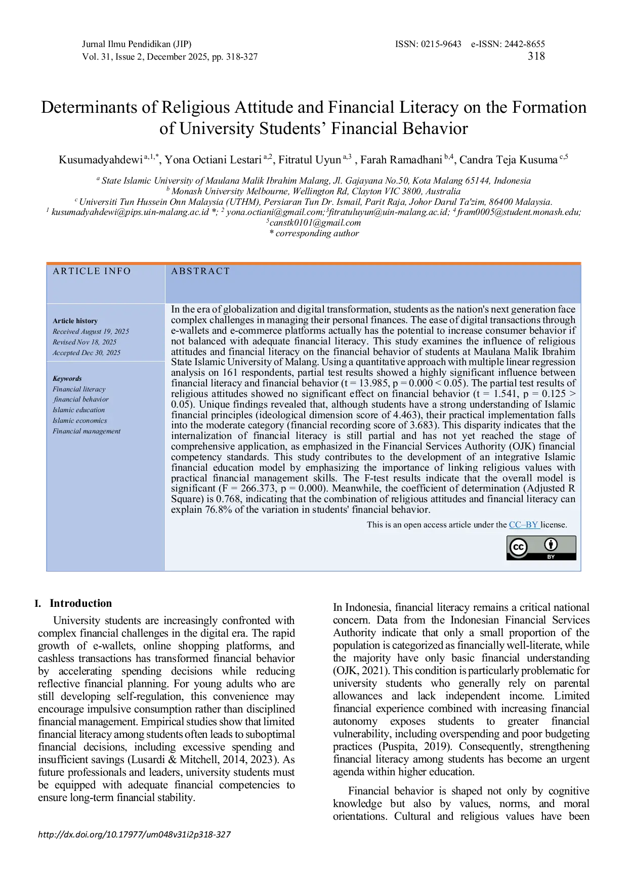 JURIS Determinants of Religious Attitude and Financial Literacy on the Formation of University Students Financial Behavior