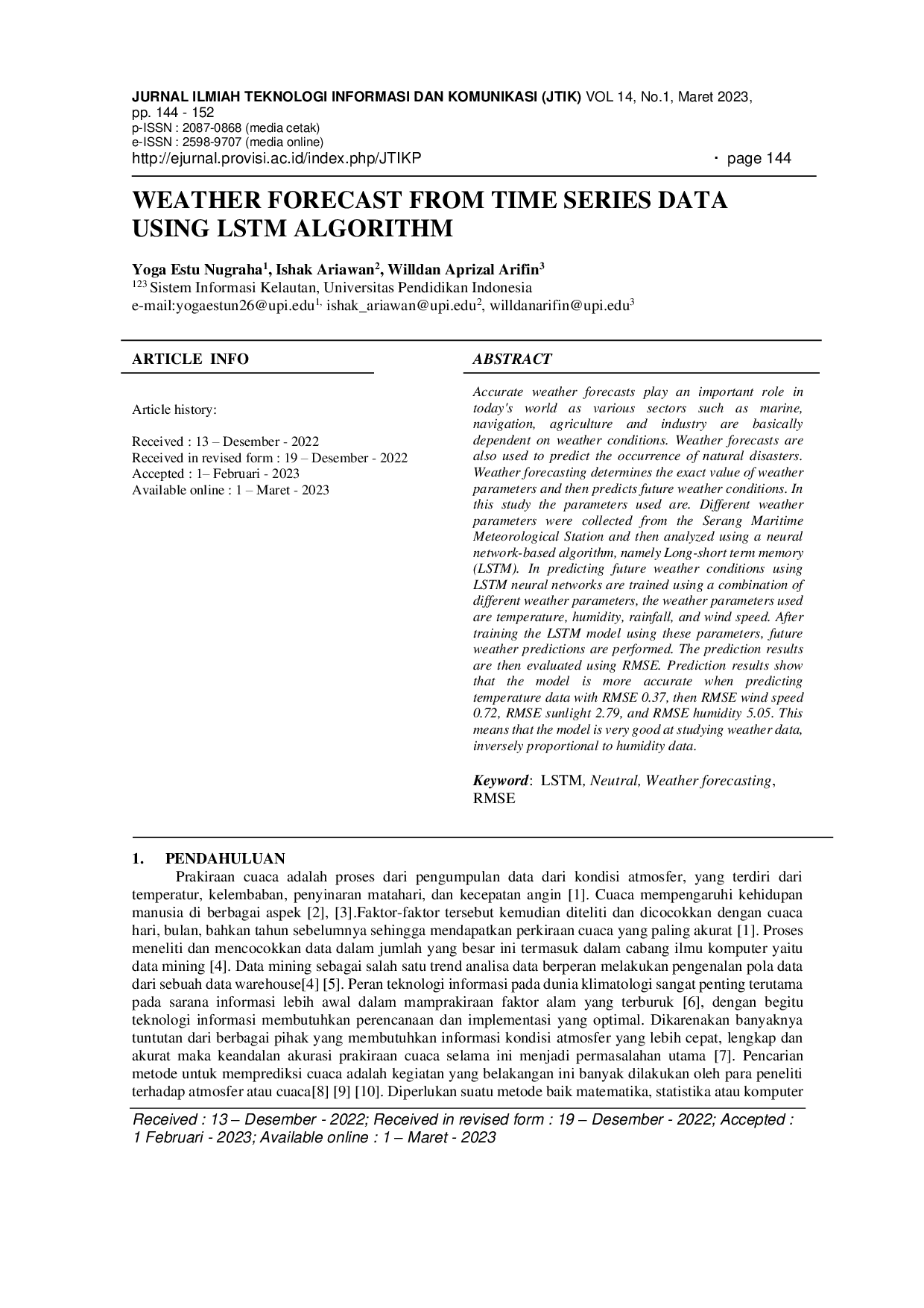 JURIS Weather Forecast from Time Series Data Using LSTM Algorithm