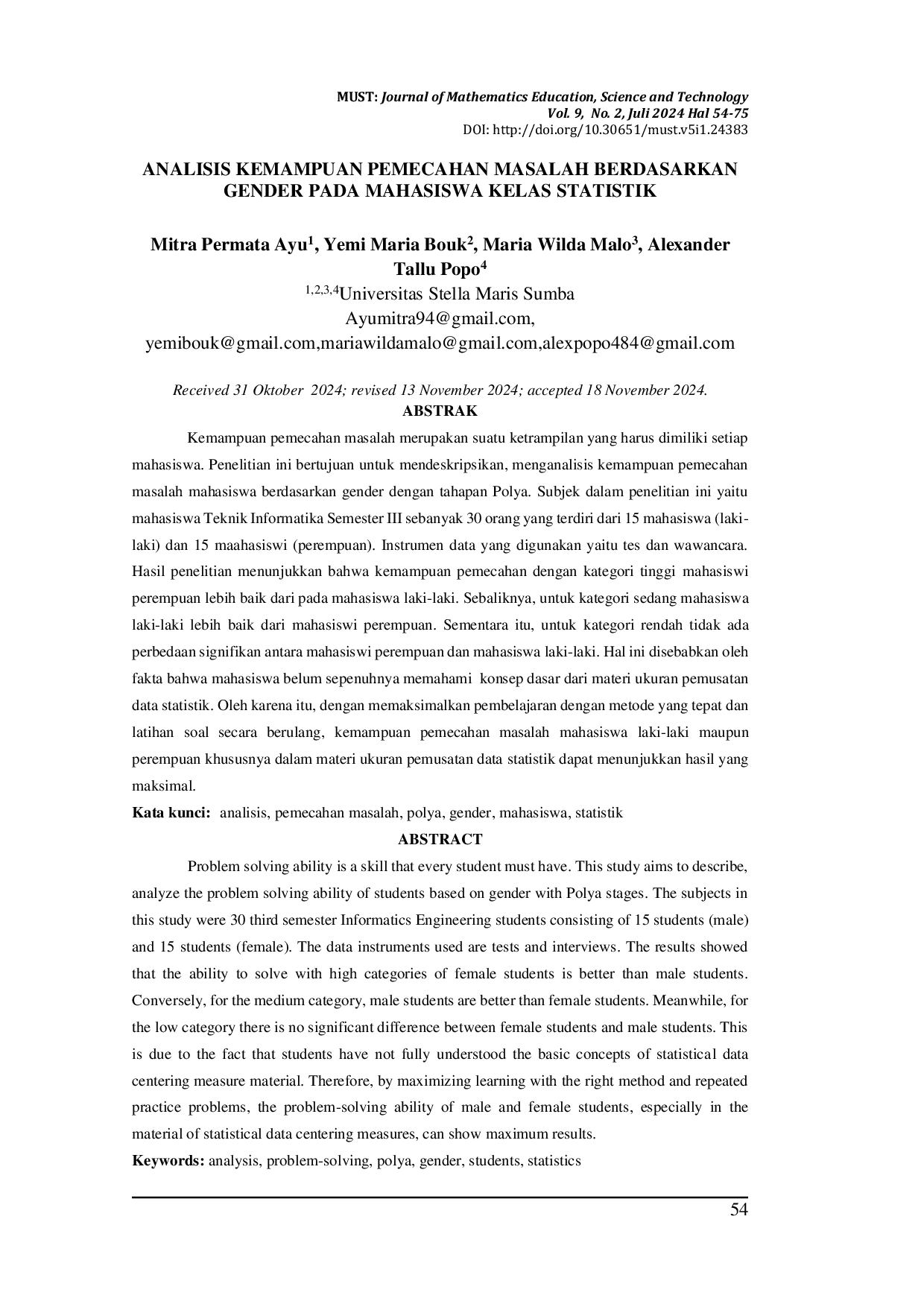 JURIS Analisis Kemampuan Pemecahan Masalah Berdasarkan Gender Pada Mahasiswa Kelas Statistik