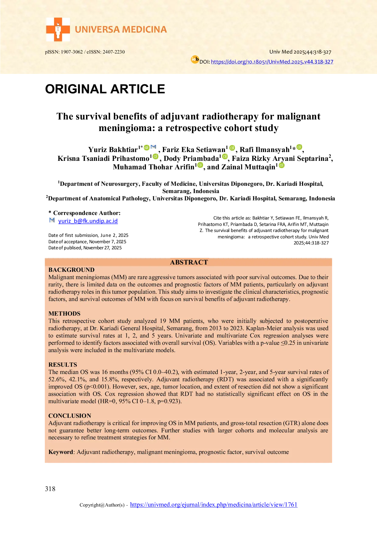 JURIS The survival benefits of adjuvant radiotherapy for malignant meningioma a retrospective cohort study