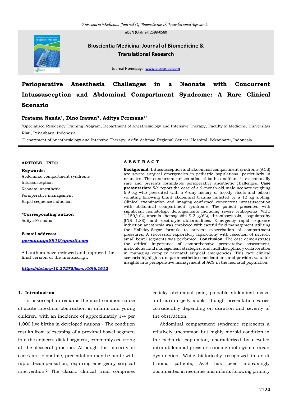 JURIS Perioperative Anesthesia Challenges in a Neonate with Concurrent Intussusception and Abdominal Compartment Syndrome A Rare Clinical Scenario