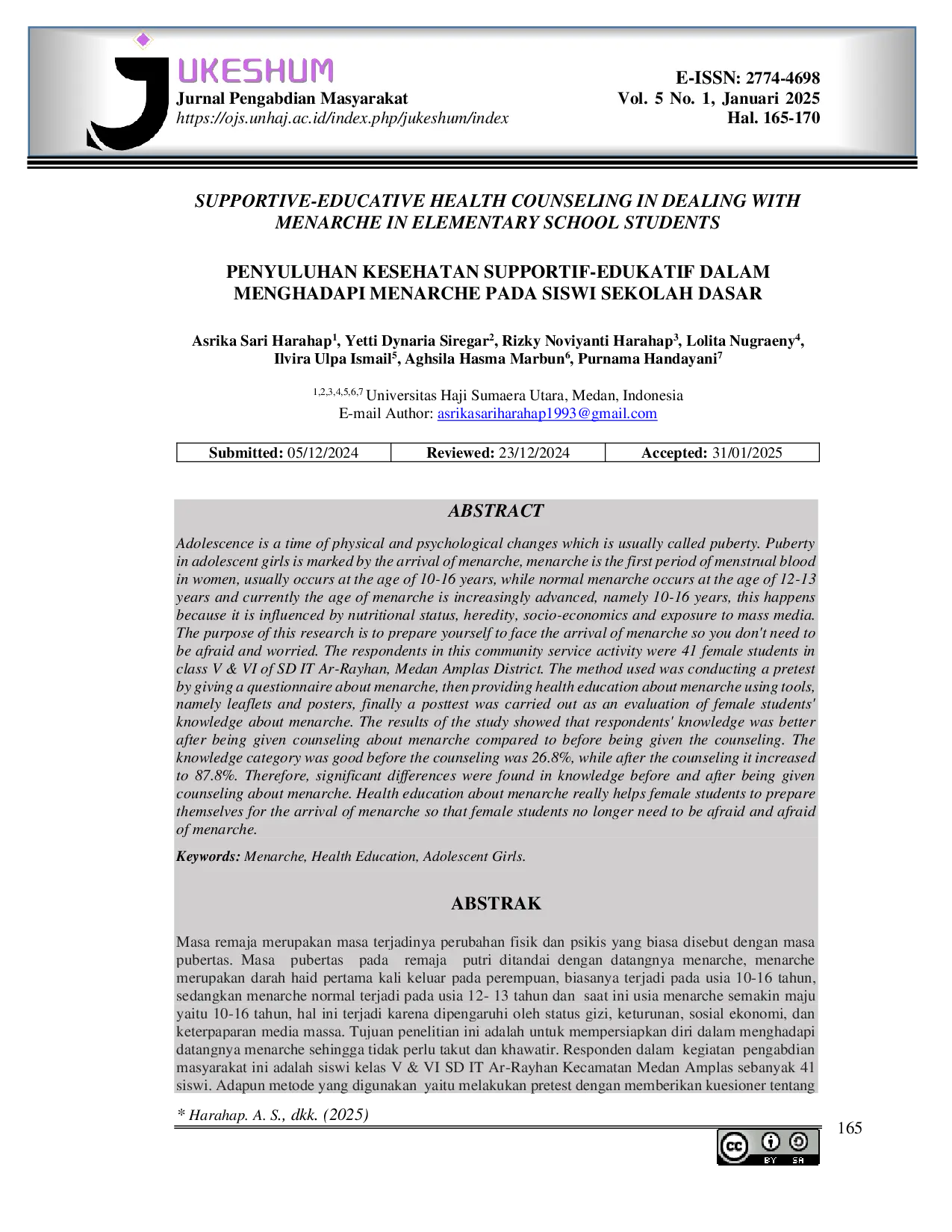 JURIS Supportive Educative Health Counseling in Dealing With Menarche in Elementary School Students Penyuluhan Kesehatan Supportif Edukatif Dalam Menghadapi Menarche Pada Siswi Sekolah Dasar