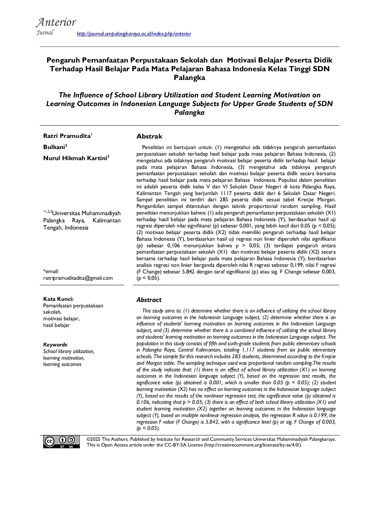 JURIS Pengaruh Pemanfaatan Perpustakaan Sekolah dan Motivasi Belajar Peserta Didik Terhadap Hasil Belajar pada Mata Pelajaran Bahasa Indonesia Kelas Tinggi SDN Palangka