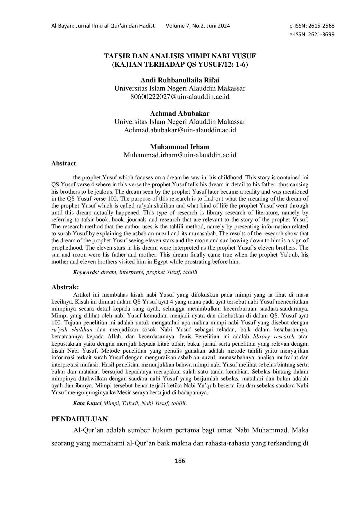 JURIS Tafsir Dan Analisis Mimpi Nabi Yusuf Kajian Terhadap Qs Yusuf 12 1 6