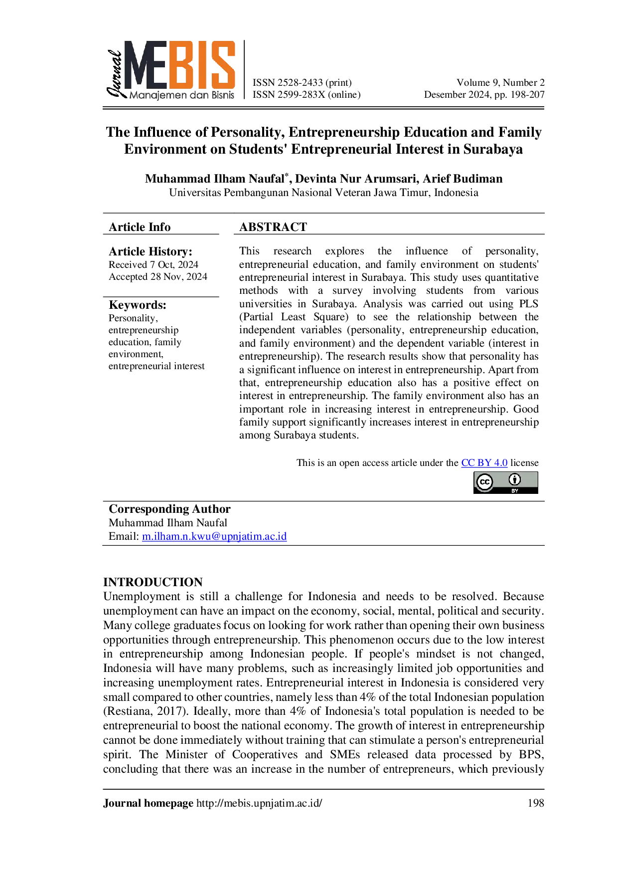 JURIS The Influence of Personality Entrepreneurship Education and Family Environment on Students Entrepreneurial Interest in Surabaya