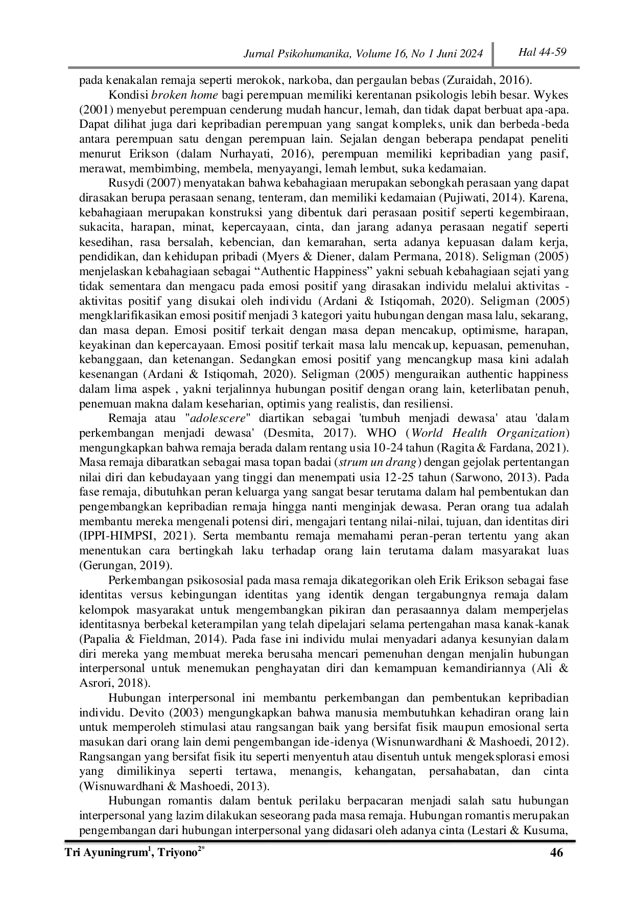 JURIS Authentic Happiness Of Teenage Girls From Broken Home Families In Romantic Relationships