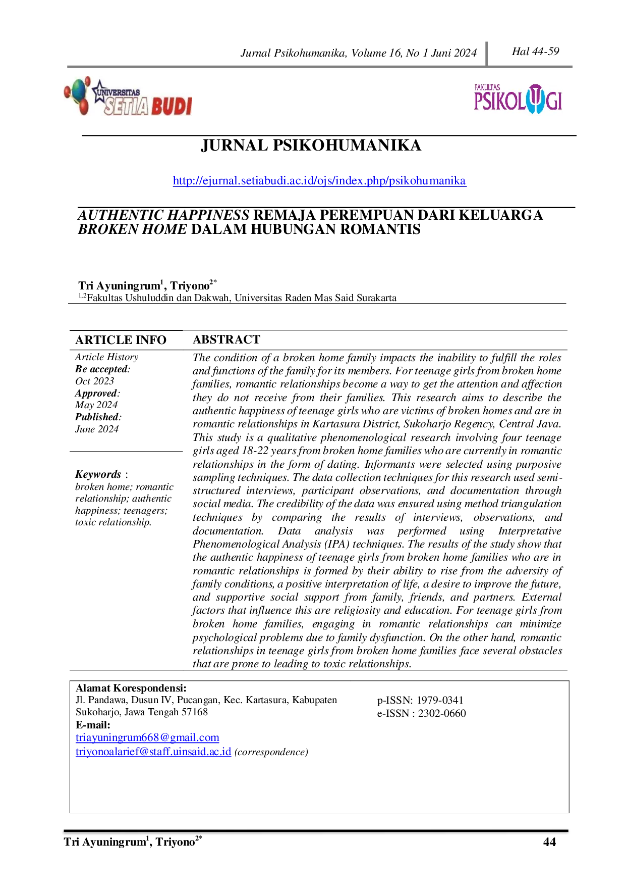JURIS Authentic Happiness Of Teenage Girls From Broken Home Families In Romantic Relationships