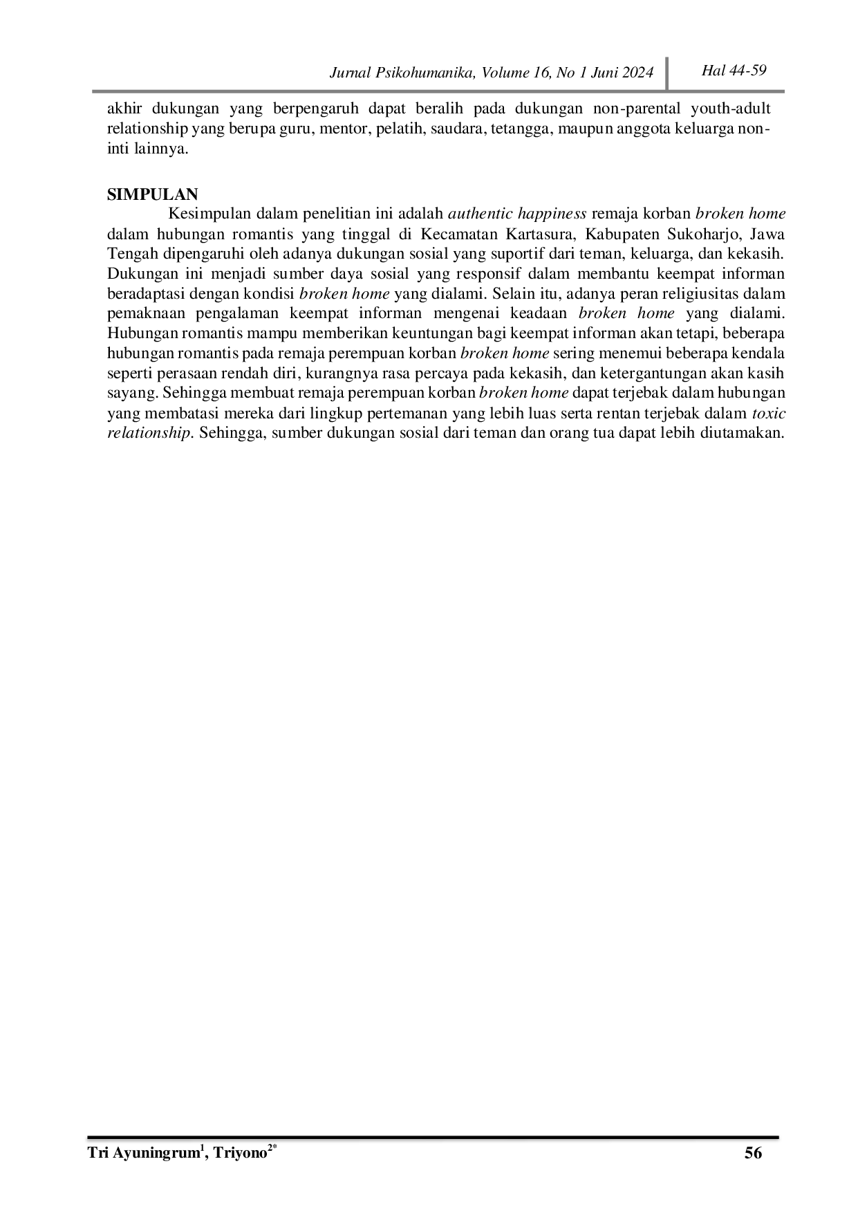 JURIS Authentic Happiness Of Teenage Girls From Broken Home Families In Romantic Relationships