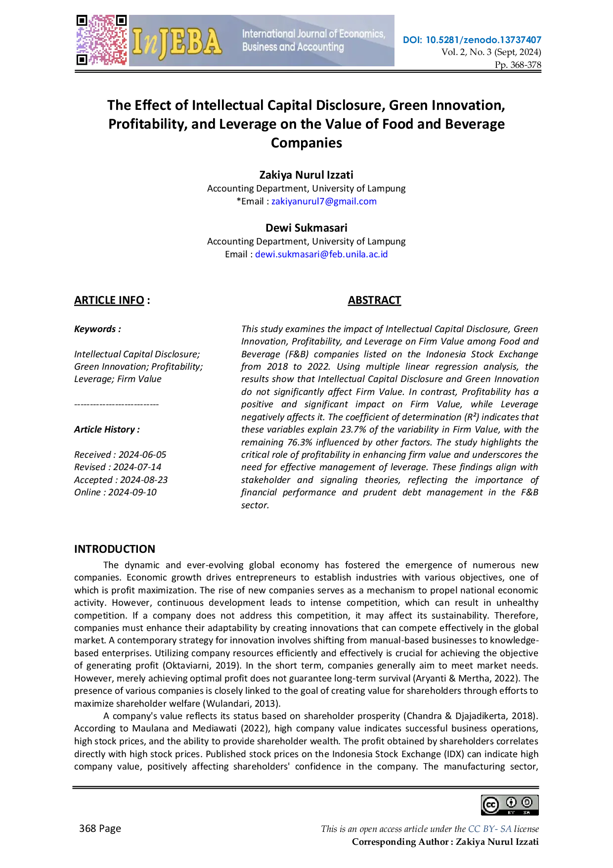 JURIS The Effect of Intellectual Capital Disclosure Green Innovation Profitability and Leverage on the Value of Food and Beverage Companies