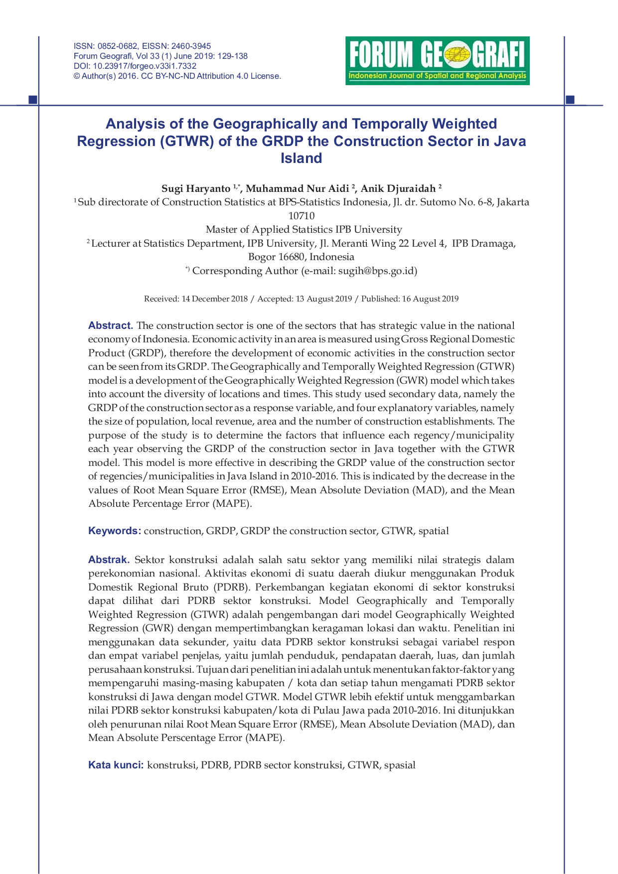 JURIS Analysis of Geographically and Temporally Weighted Regression GTWR GRDP of the Construction Sector in Java Island