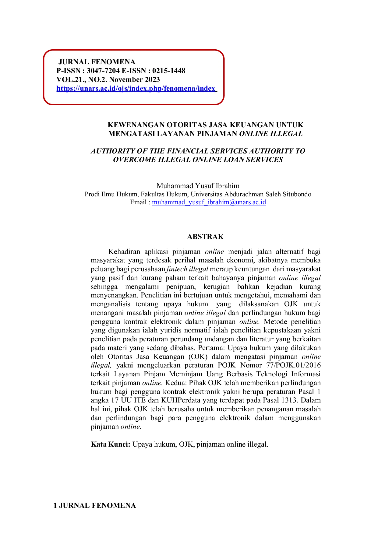 JURIS Kewenangan Otoritas Jasa Keuangan Untuk Mengatasi Layanan Pinjaman Online Illegal