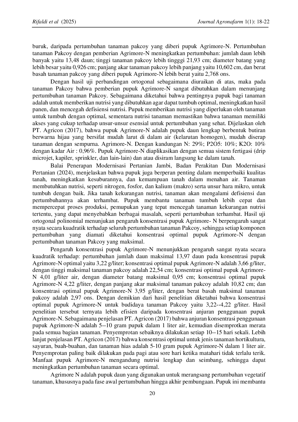 JURIS PENGARUH KONSENTRASI PUPUK NUTRISI AGRIMORE N TERHADAP PERTUMBUHAN TANAMAN PAKCOY Brassica rapa L