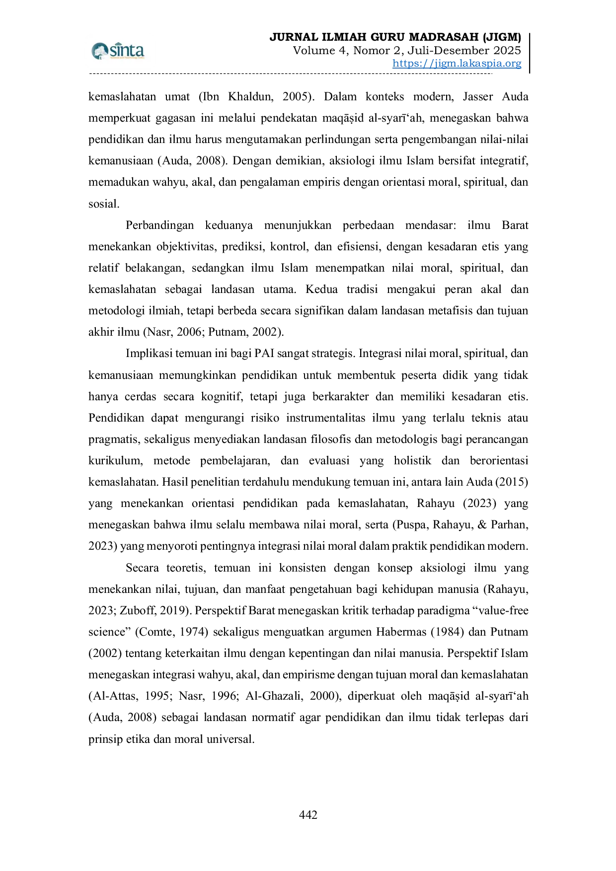 JURIS Konsep Aksiologi Ilmu dalam Perspektif Barat dan Islam serta Implikasinya terhadap Pendidikan Agama Islam