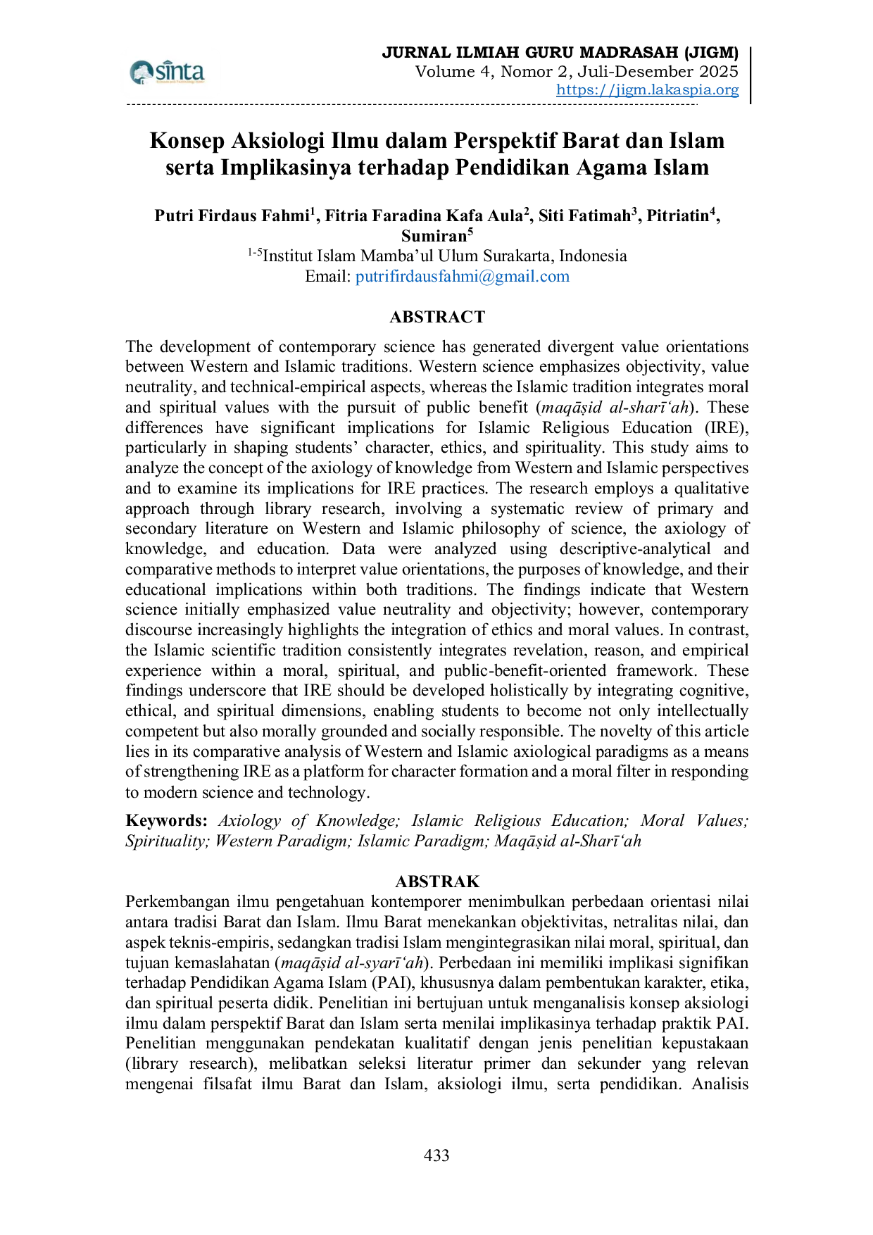 JURIS Konsep Aksiologi Ilmu dalam Perspektif Barat dan Islam serta Implikasinya terhadap Pendidikan Agama Islam