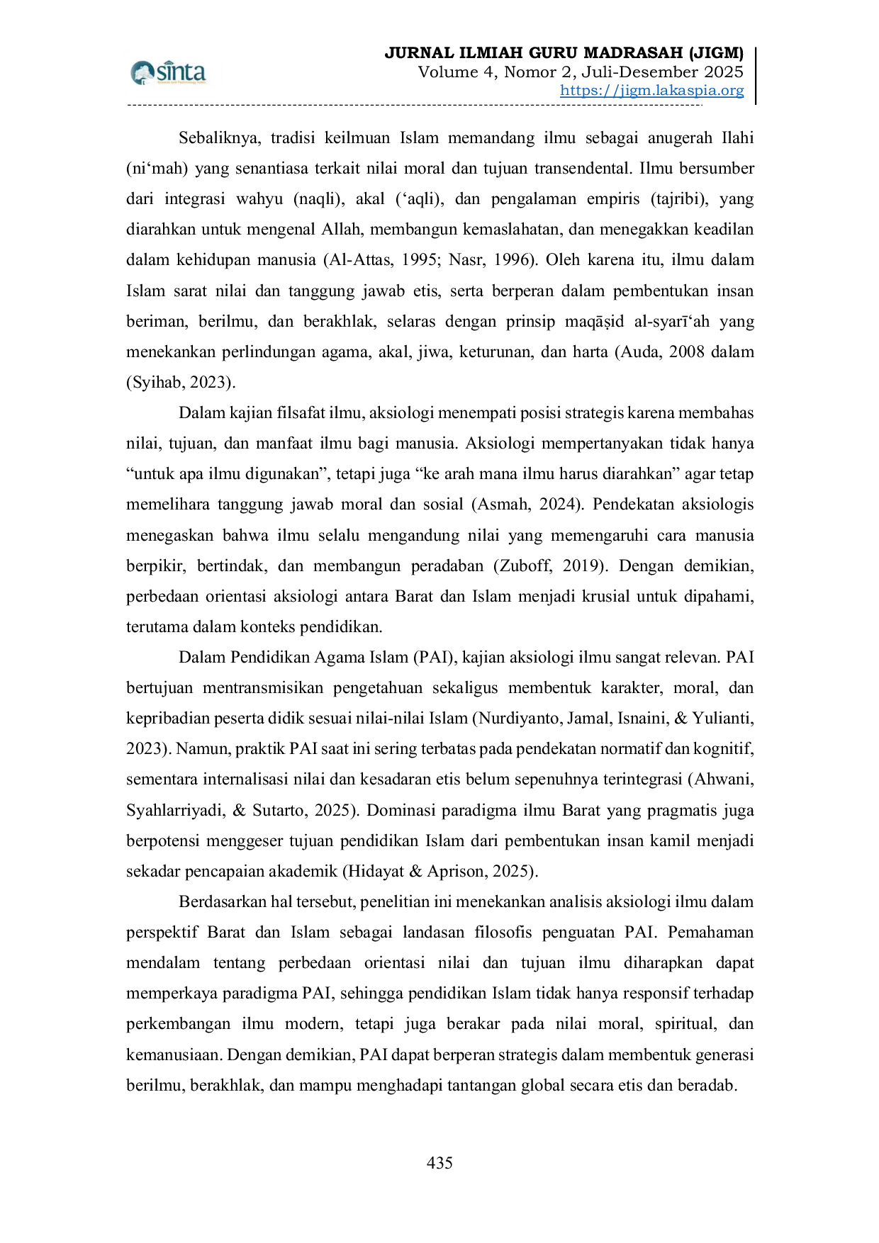 JURIS Konsep Aksiologi Ilmu dalam Perspektif Barat dan Islam serta Implikasinya terhadap Pendidikan Agama Islam