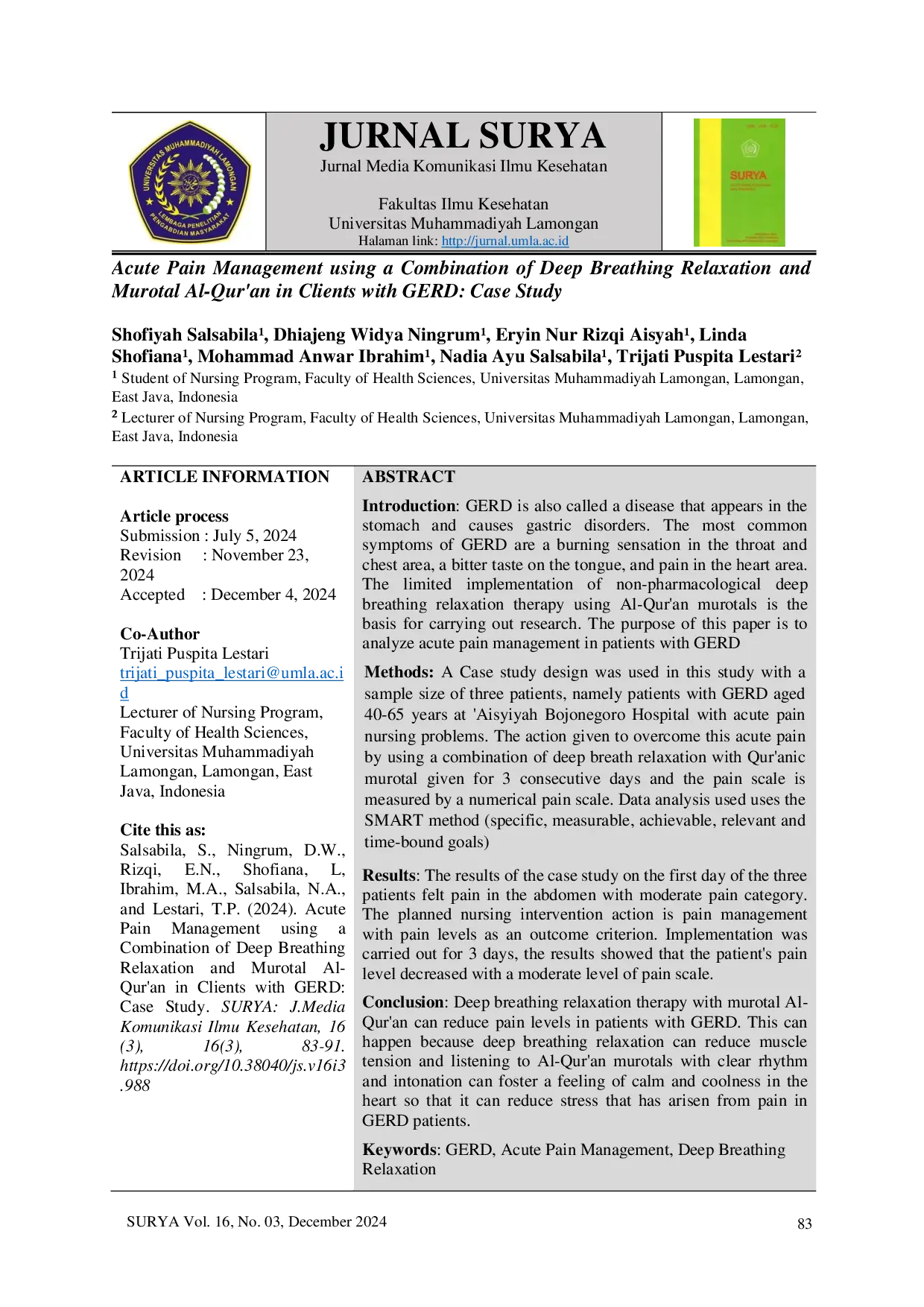 JURIS Acute Pain Management using a Combination of Deep Breathing Relaxation and Murotal Al Qur an in Clients with GERD Case Study