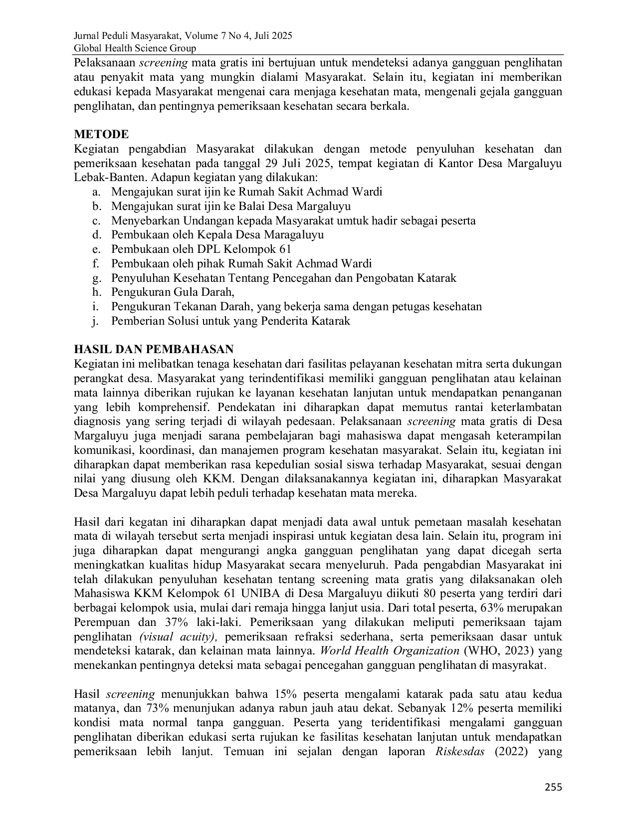 JURIS Pelaksanaan Screening Mata Gratis Wujud Nyata Kepedulian terhadap Kesehatan Masyarakat