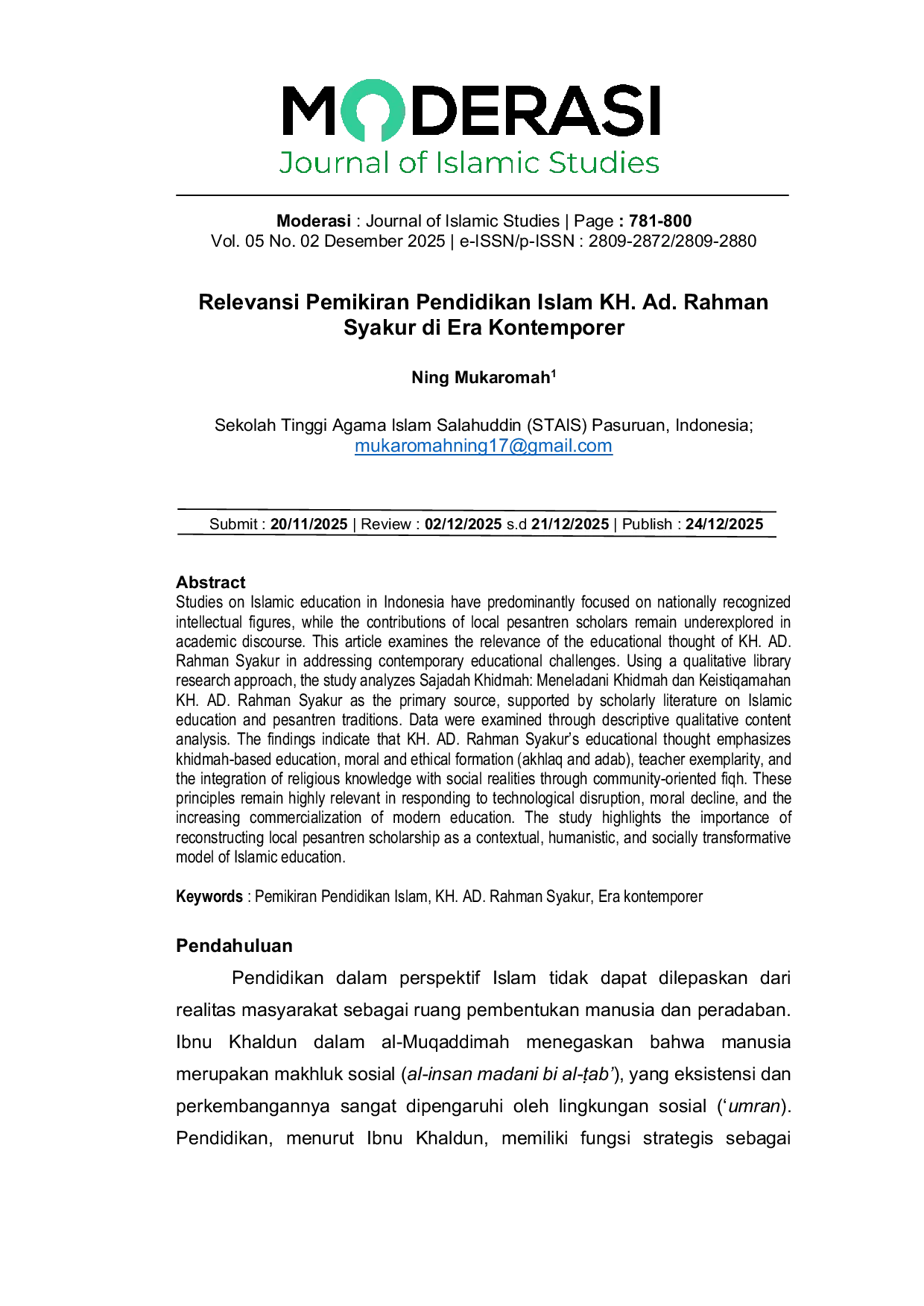 JURIS Relevansi Pemikiran Pendidikan Islam KH Ad Rahman Syakur di Era Kontemporer
