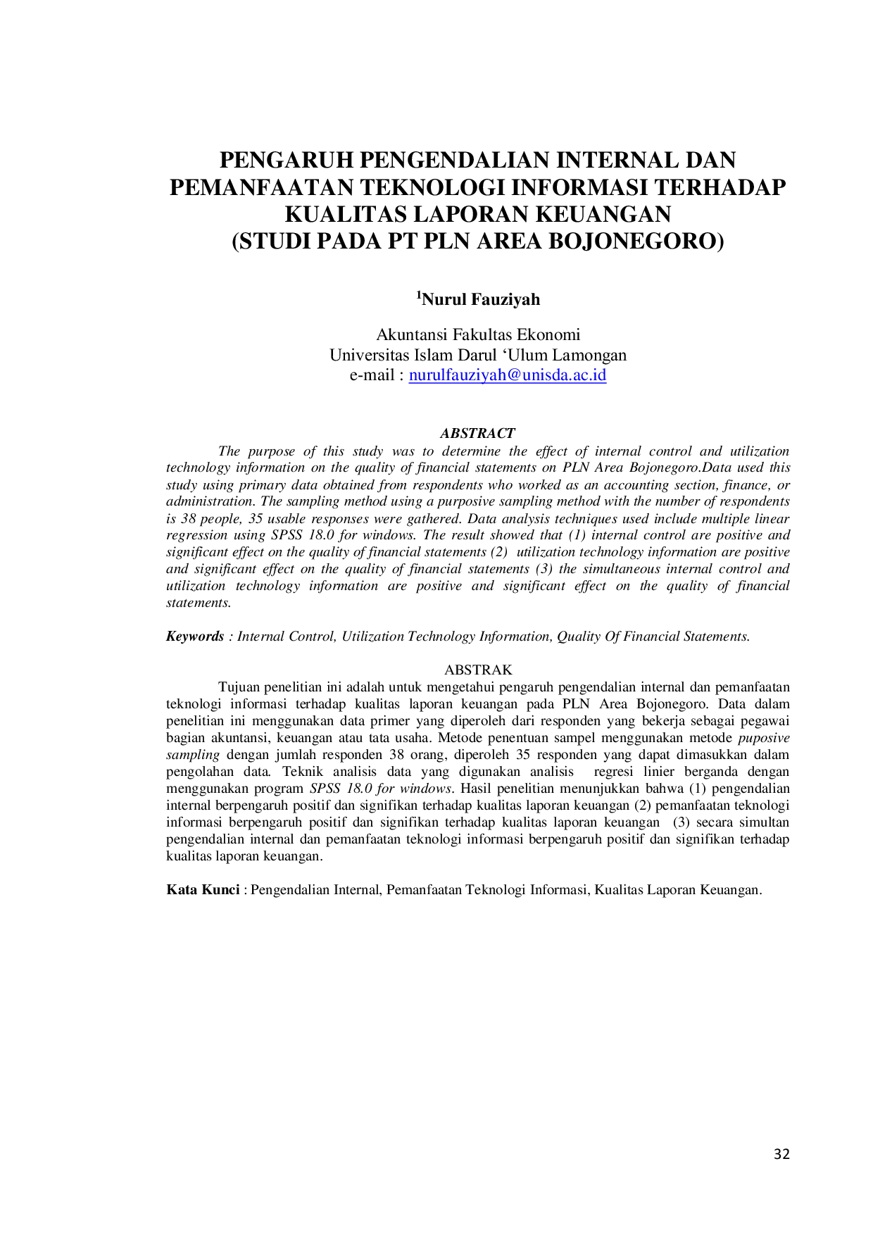 JURIS Pengaruh Pengendalian Internal dan Pemanfaatan Teknologi Informasi terhadap Kualitas Laporan Keuangan Studi pada PT PLN Area Bojonegoro