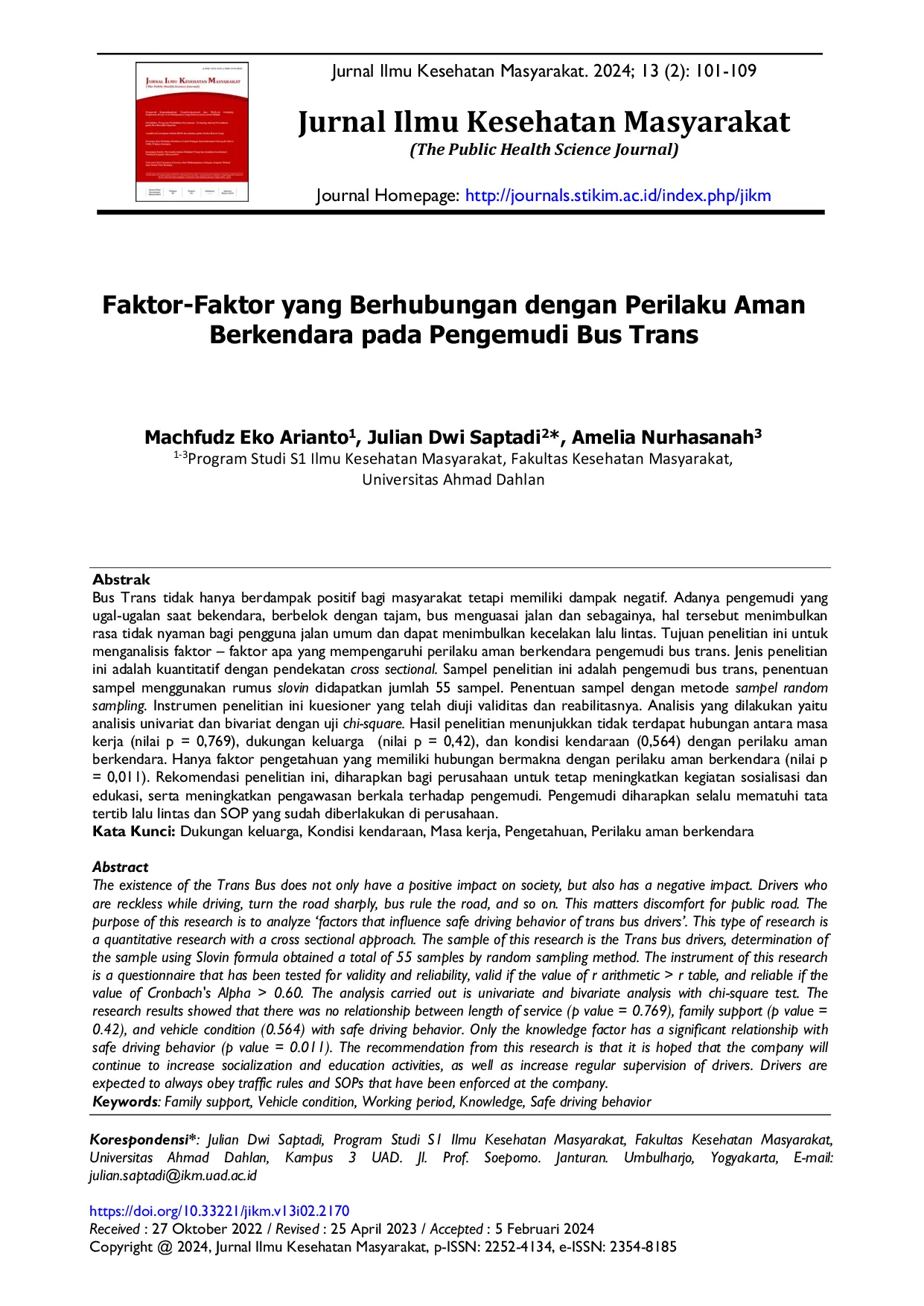 JURIS Faktor Faktor yang Berhubungan dengan Perilaku Aman Berkendara pada Pengemudi Bus Trans