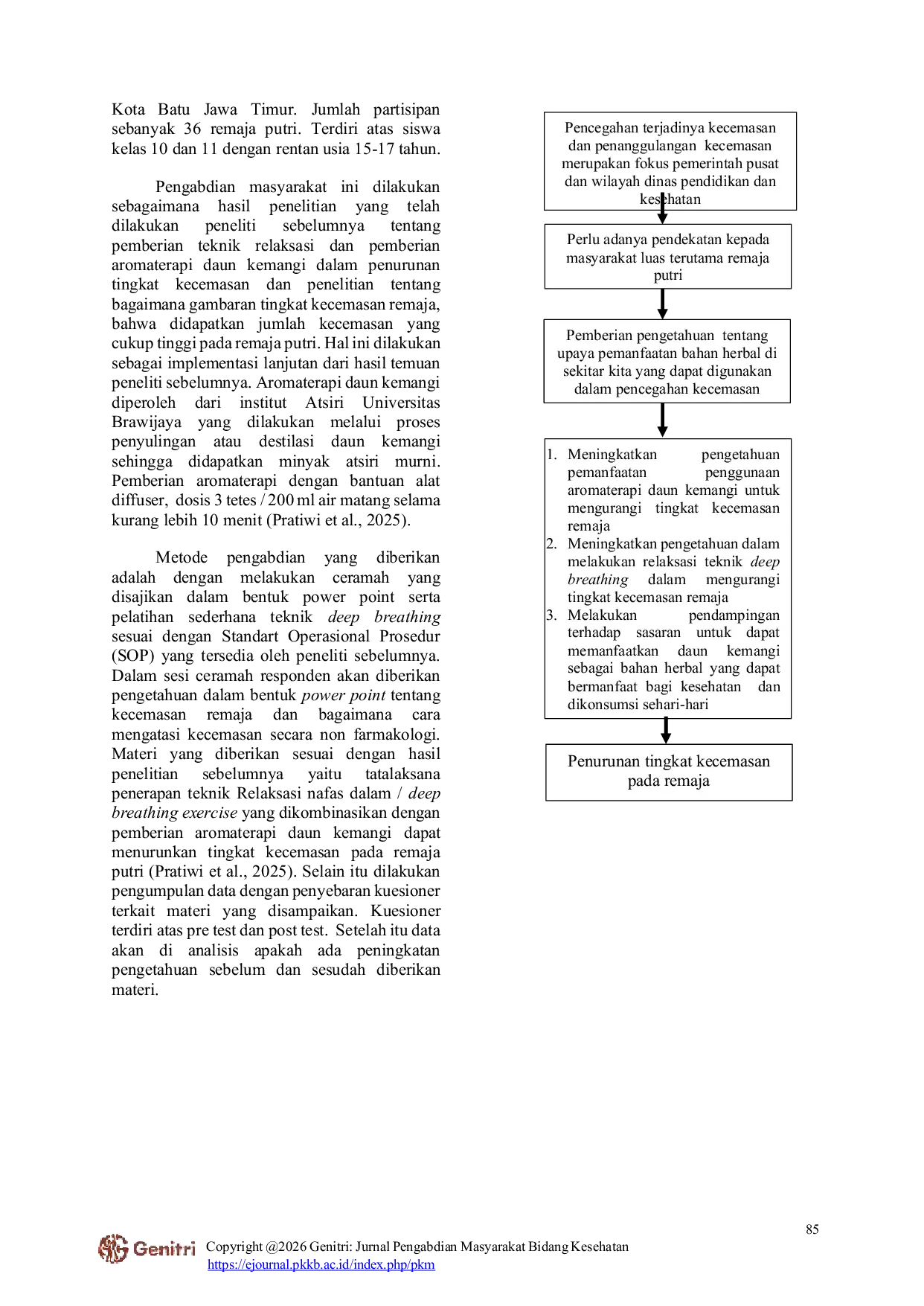 JURIS Pengelolaan Kecemasan pada Remaja dengan Pemberian Aromaterapi Daun Kemangi Ocimum Basilicum L Oil dan Deep Breathing Exercise