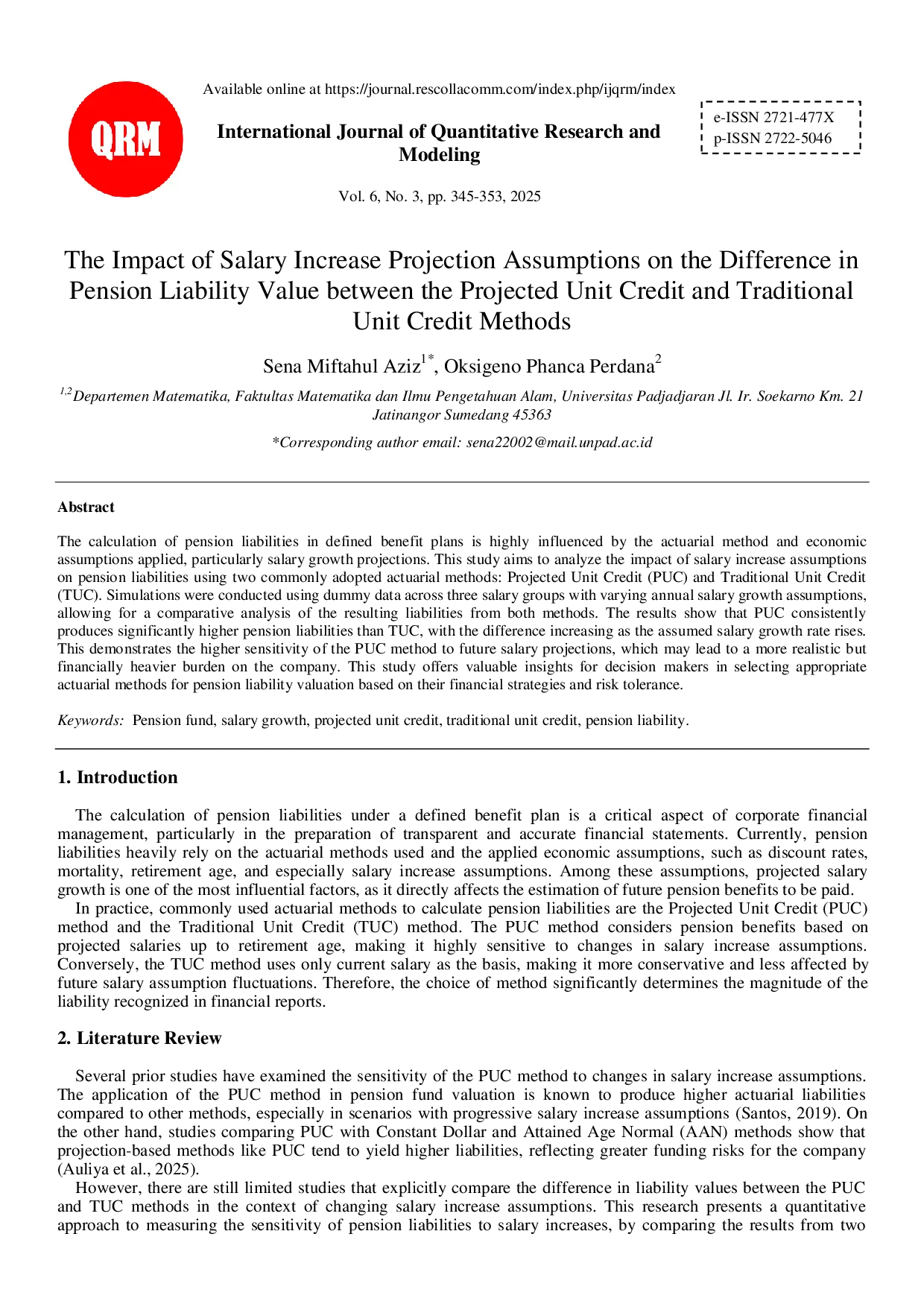 juris The Impact of Salary Increase Projection Assumptions on the Difference in Pension Liability Value between the Projected Unit Credit and Traditional Unit Credit Methods