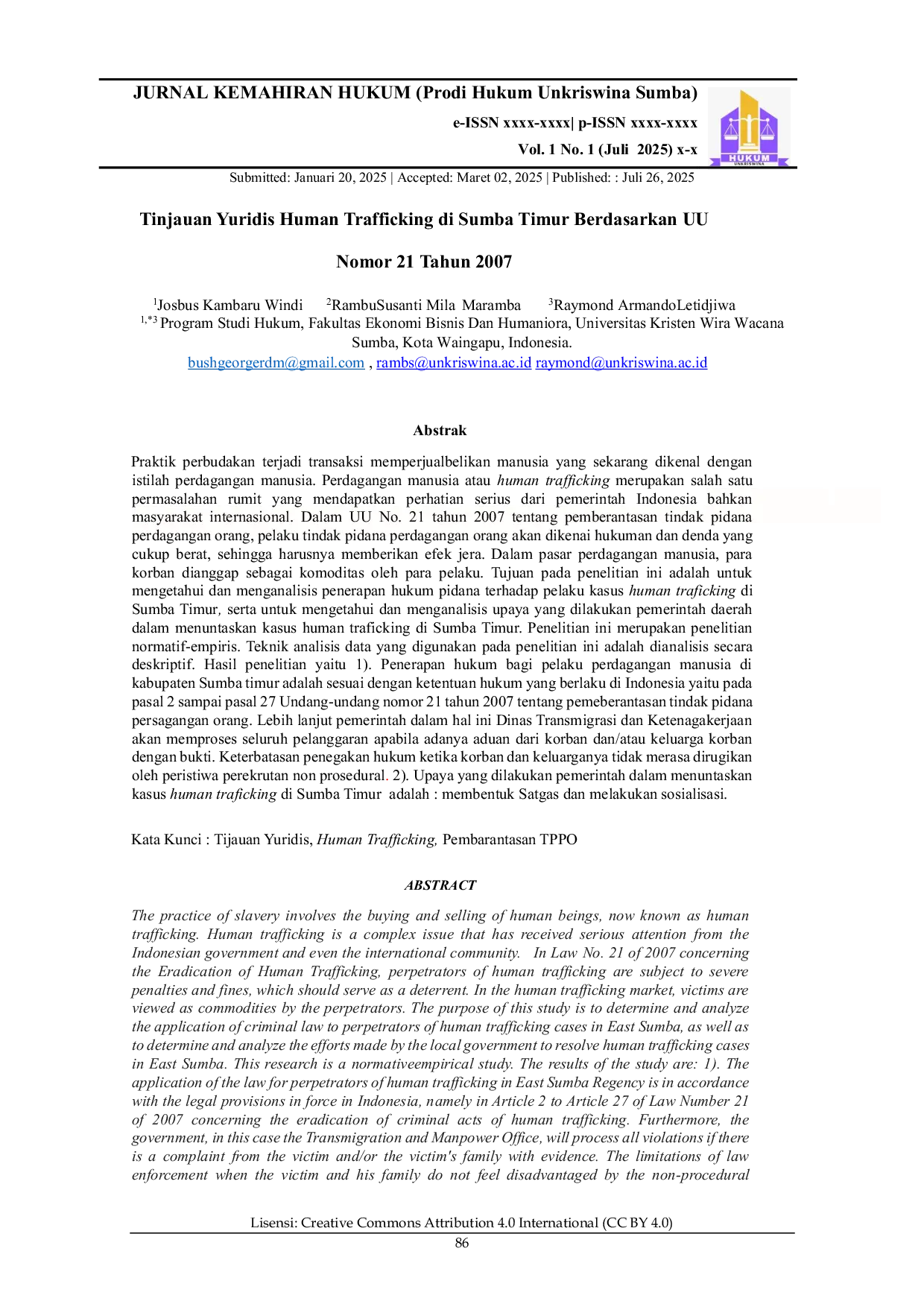 JURIS Tinjauan Yuridis Human Trafficking di Sumba Timur Berdasarkan Uu Nomor 21 Tahun 2007