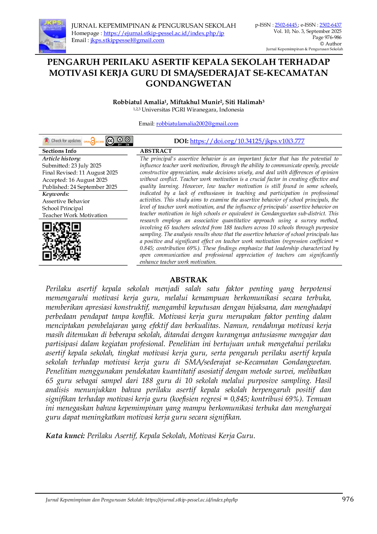 JURIS Pengaruh Perilaku Asertif Kepala Sekolah Terhadap Motivasi Kerja Guru Di Sma Sederajat Se Kecamatan Gondangwetan