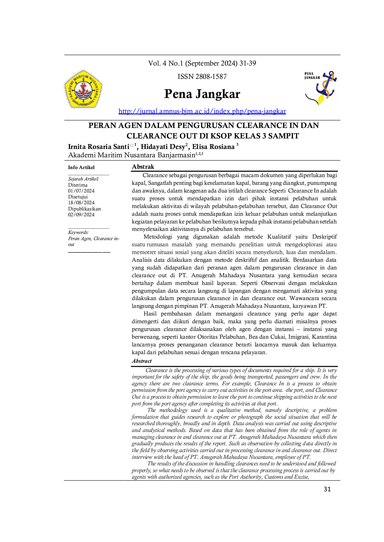 JURIS Peran Agen Dalam Pengurusan Clearance In Dan Clearance Out Di Ksop Kelas 3 Sampit