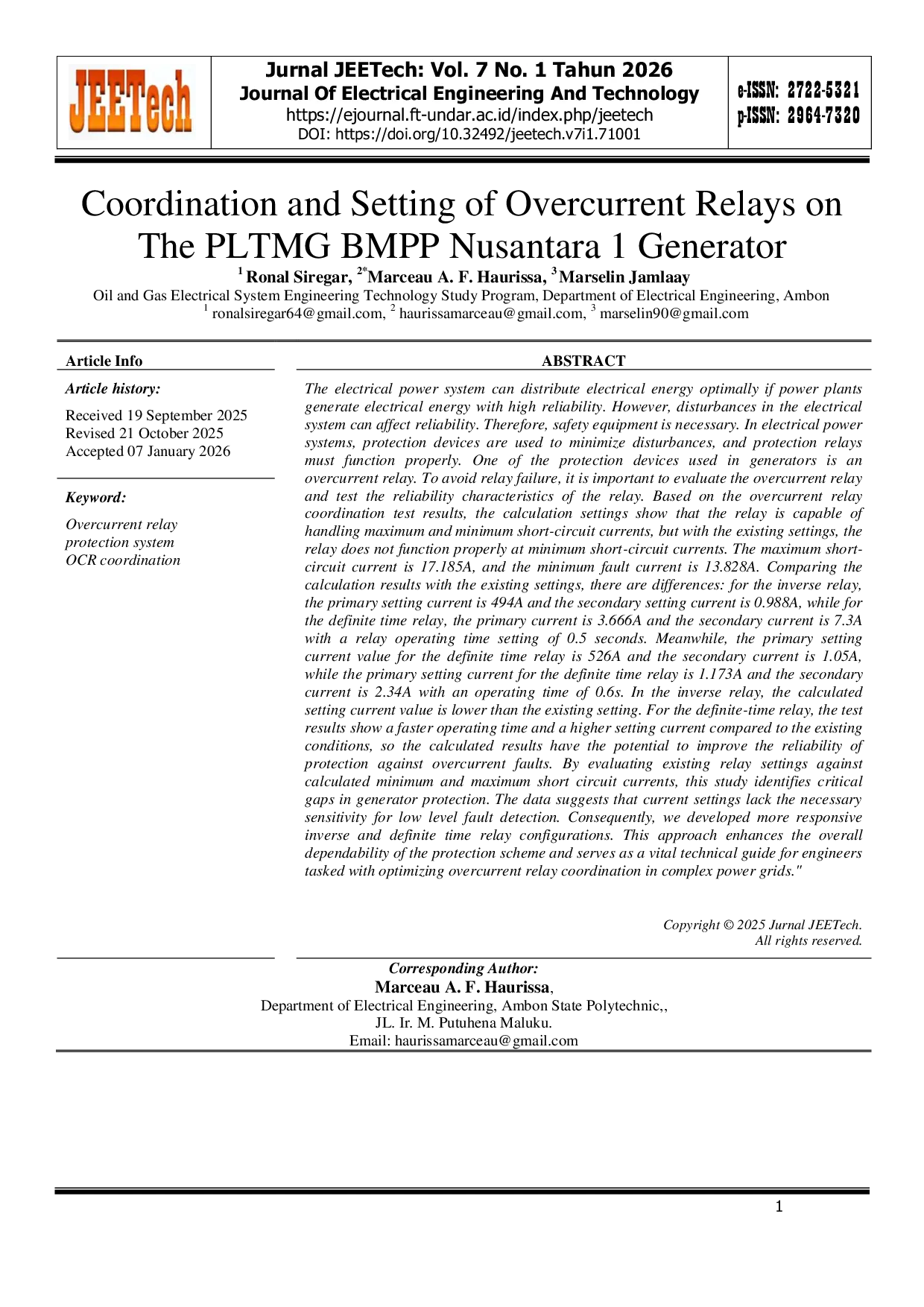 JURIS Coordination And Setting Of Overcurrent Relays On The PLTMG BMPP Nusantara 1 Generator