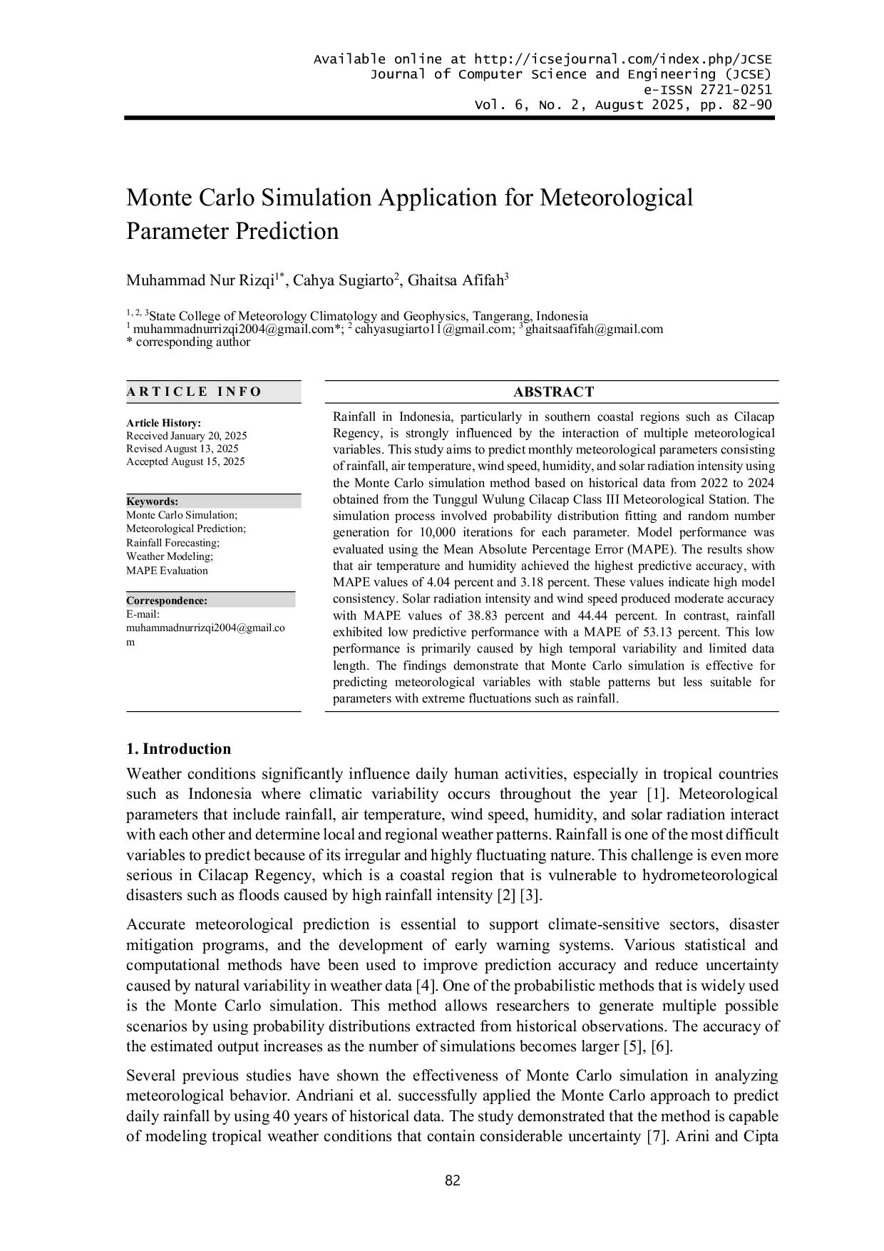 JURIS Monte Carlo Simulation Application for Meteorological Parameter Prediction
